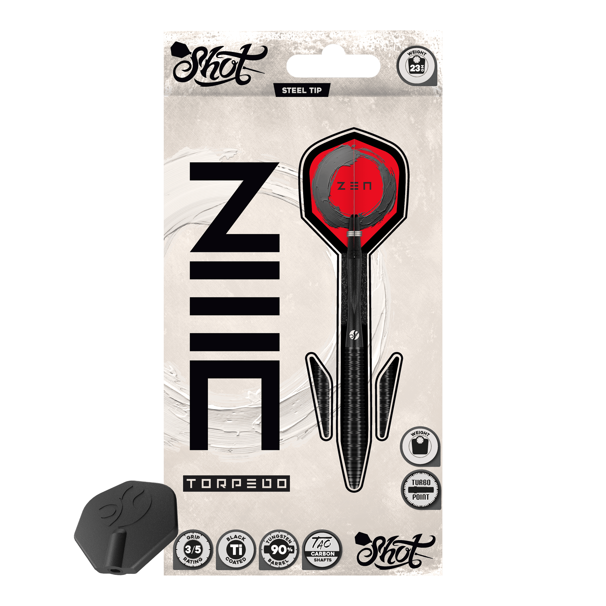 Ocelové šipky Shot ZEN Torpedo Turbo Point - 23g Die Shot ZEN Torpedo Turbo Point Steeldarts mit 23g werden aus einer anderen Perspektive gezeigt. Die Oberfläche und die Details der Darts sind gut zu erkennen.
