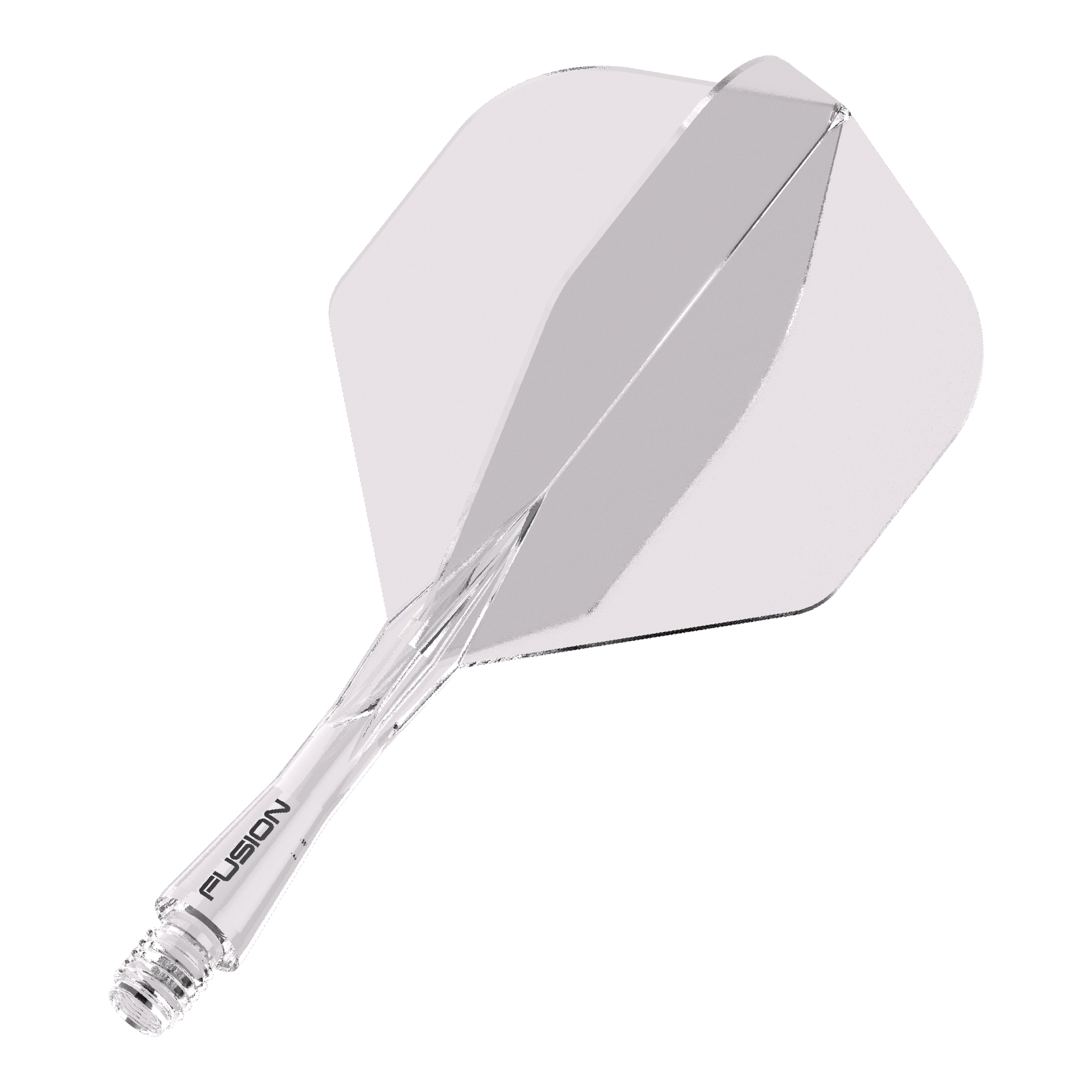 Systém letových hřídelí Winmau Fusion Standard Clear Das Bild zeigt ein durchsichtiges Dartflight- und Shafts-System. Auf dem Schaft steht das Wort "FUSION".