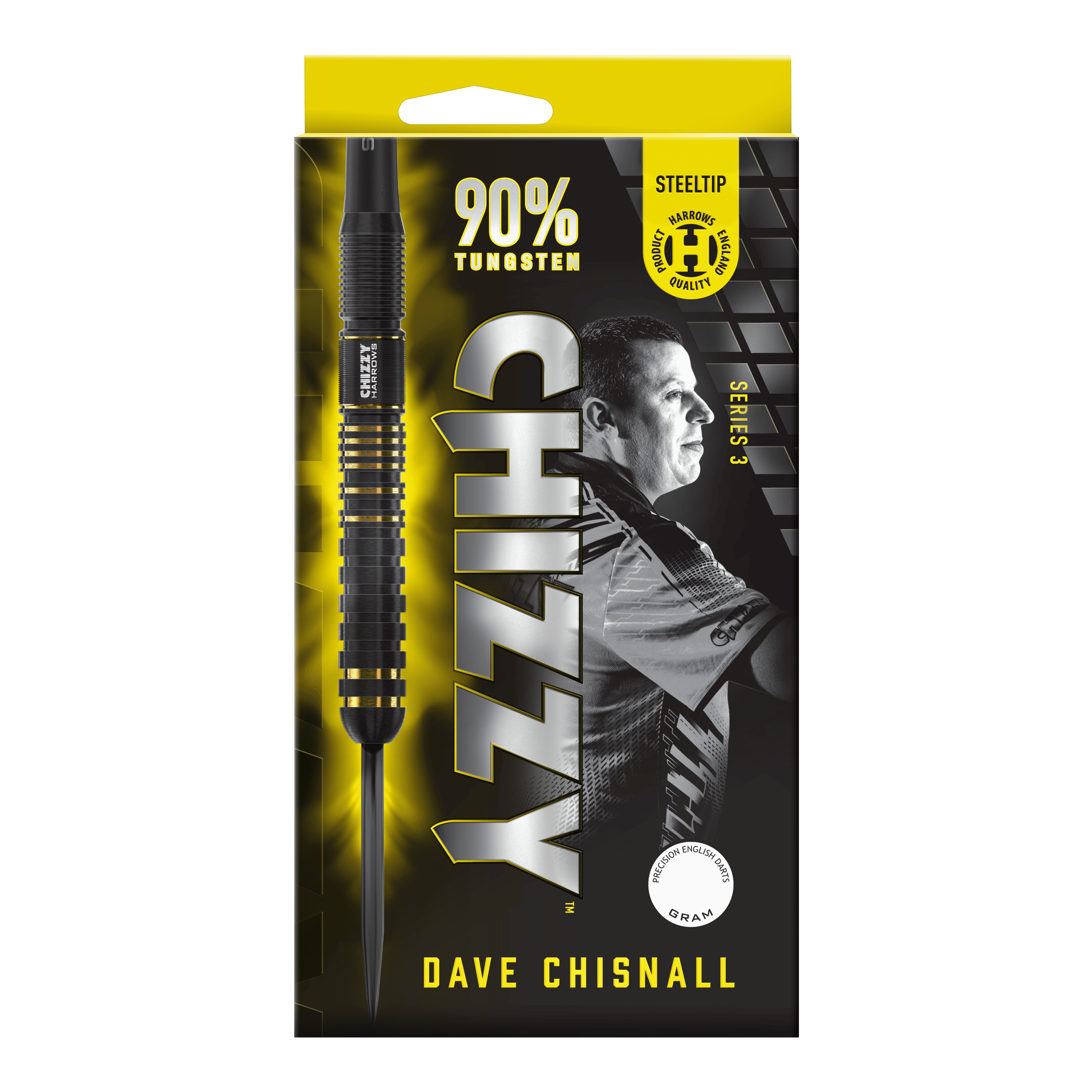 Ocelové šipky Harrow's Dave Chisnall Chizzy Series 3 Das Bild zeigt eine Verpackung der "Harrows Dave Chisnall Chizzy Series 3 Steeldarts". Auf der Verpackung steht, dass die Darts aus 90% Tungsten bestehen und für professionelle Qualität stehen.