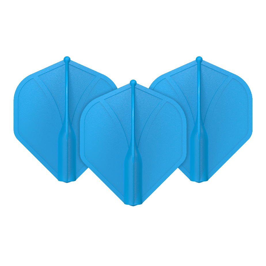 Standardní letky Shot Airfoil Molded No2 Auf dem Bild sind drei blaue Dart-Flights zu sehen. Sie haben eine geformte, stabile Struktur und sind nebeneinander angeordnet.