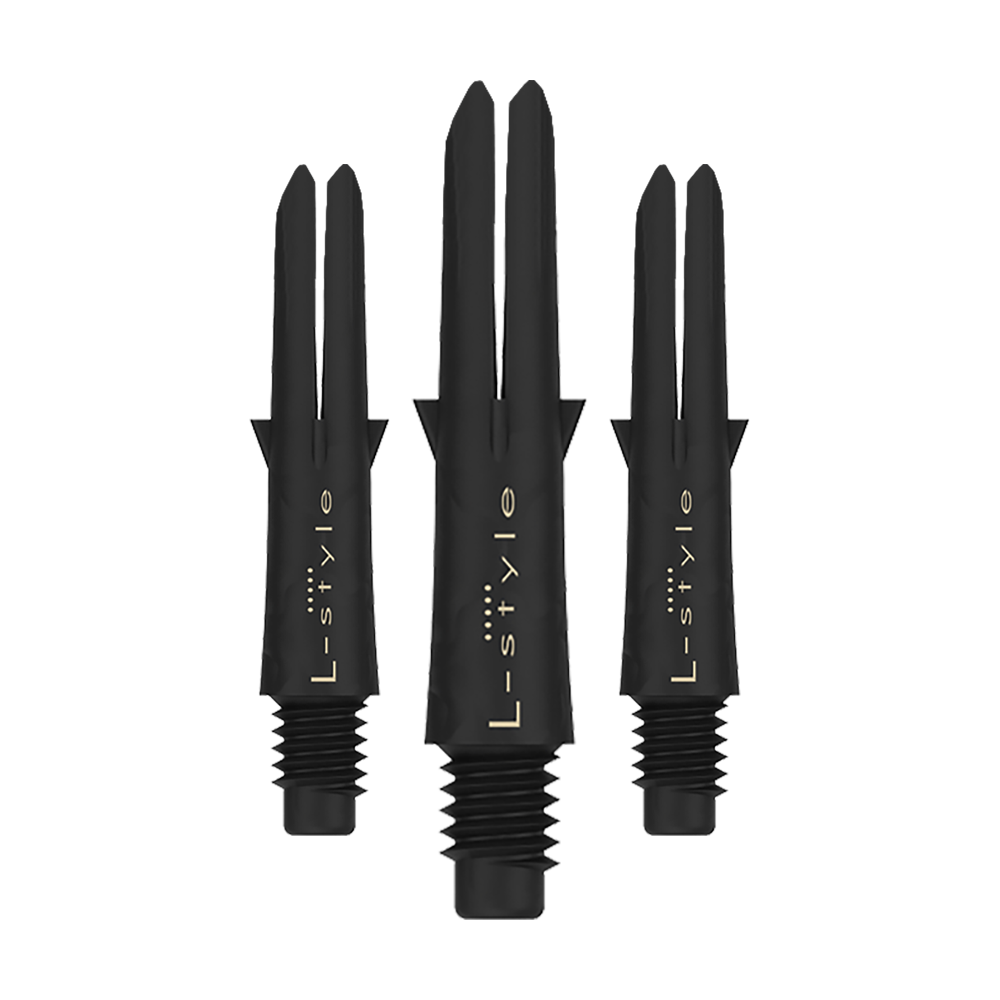 Karbonové hřídele ve stylu L Das Bild zeigt drei schwarze Dartschäfte aus Carbon der Marke L-Style. Sie sind ohne Kappen und haben eine Länge von 26 mm.