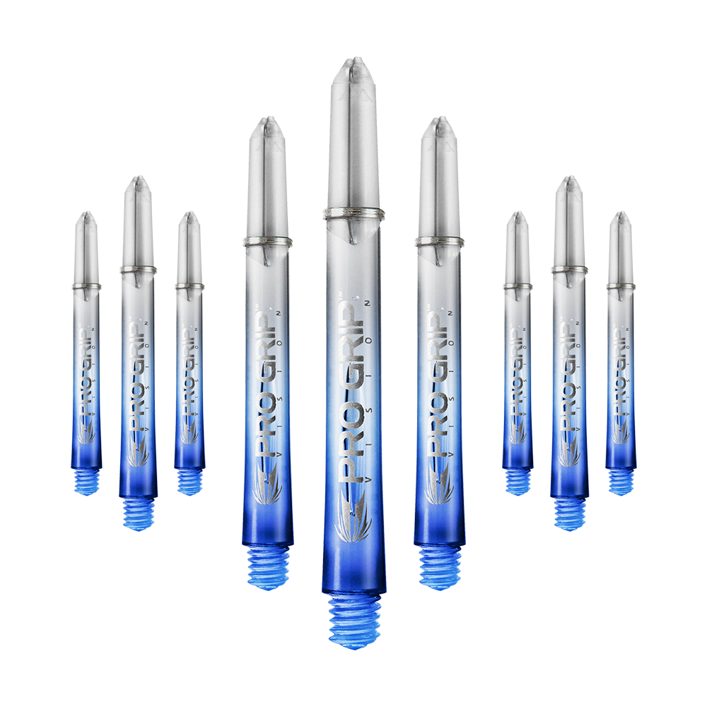 Target Pro Grip Vision Shafts - 3 sady - Modré Das Bild zeigt neun transparente Dartschäfte mit blauem unteren Ende. Auf den Schäften steht "Pro Grip" geschrieben.
