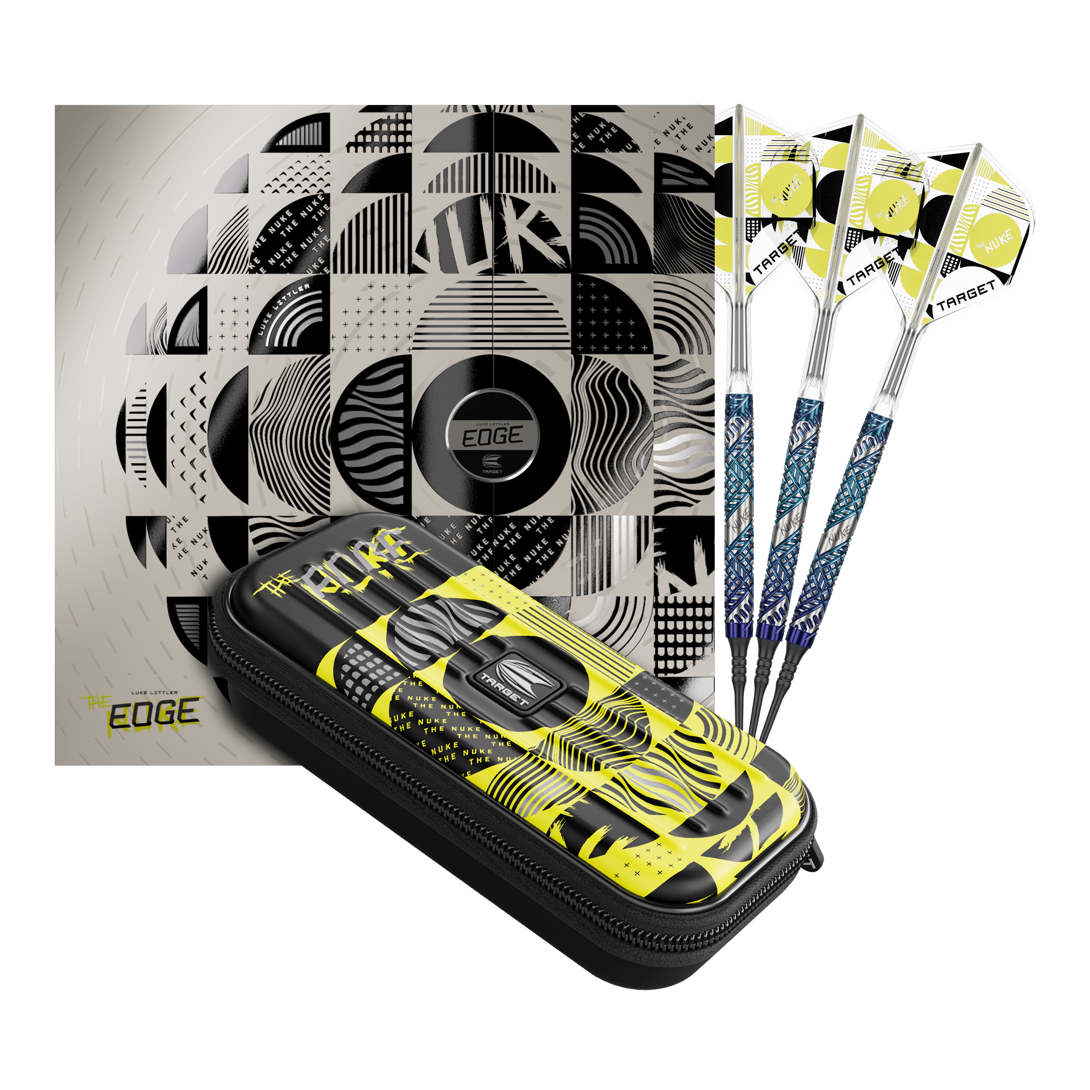 Šipky Target Luke Littler Edge Soft - 19g Auf dem Bild befindet sich das Set der Target Luke Littler Edge Softdarts - 19g. Die Darts sind komplett und gut sichtbar angeordnet.