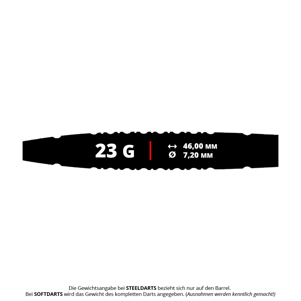 Ocelové šipky Caliburn Sword S3 - 23g Das Bild zeigt die Produkteigenschaften der Caliburn Sword S3 Steeldarts mit einem Gewicht von 23 Gramm. Die Länge beträgt 46,00 mm und der Durchmesser 7,20 mm.