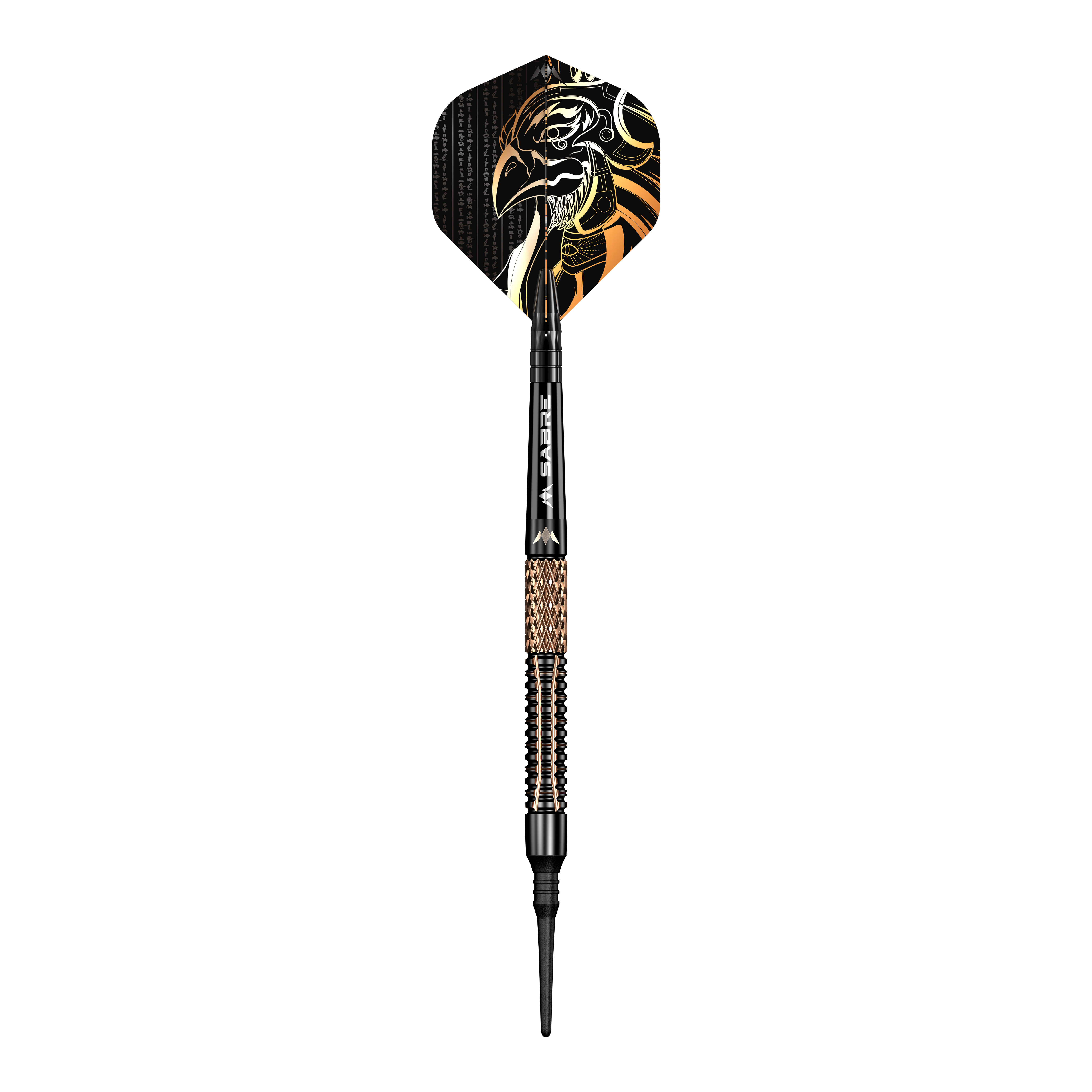 Šipky Mission Horus Softdarts - 19g Der Mission Horus Softdart - 19g ist ein stilvoller Dartpfeil mit schwarzem und goldfarbenem Design. Auf der Flight-Fläche ist der Kopf eines stilisierten Vogels abgebildet.
