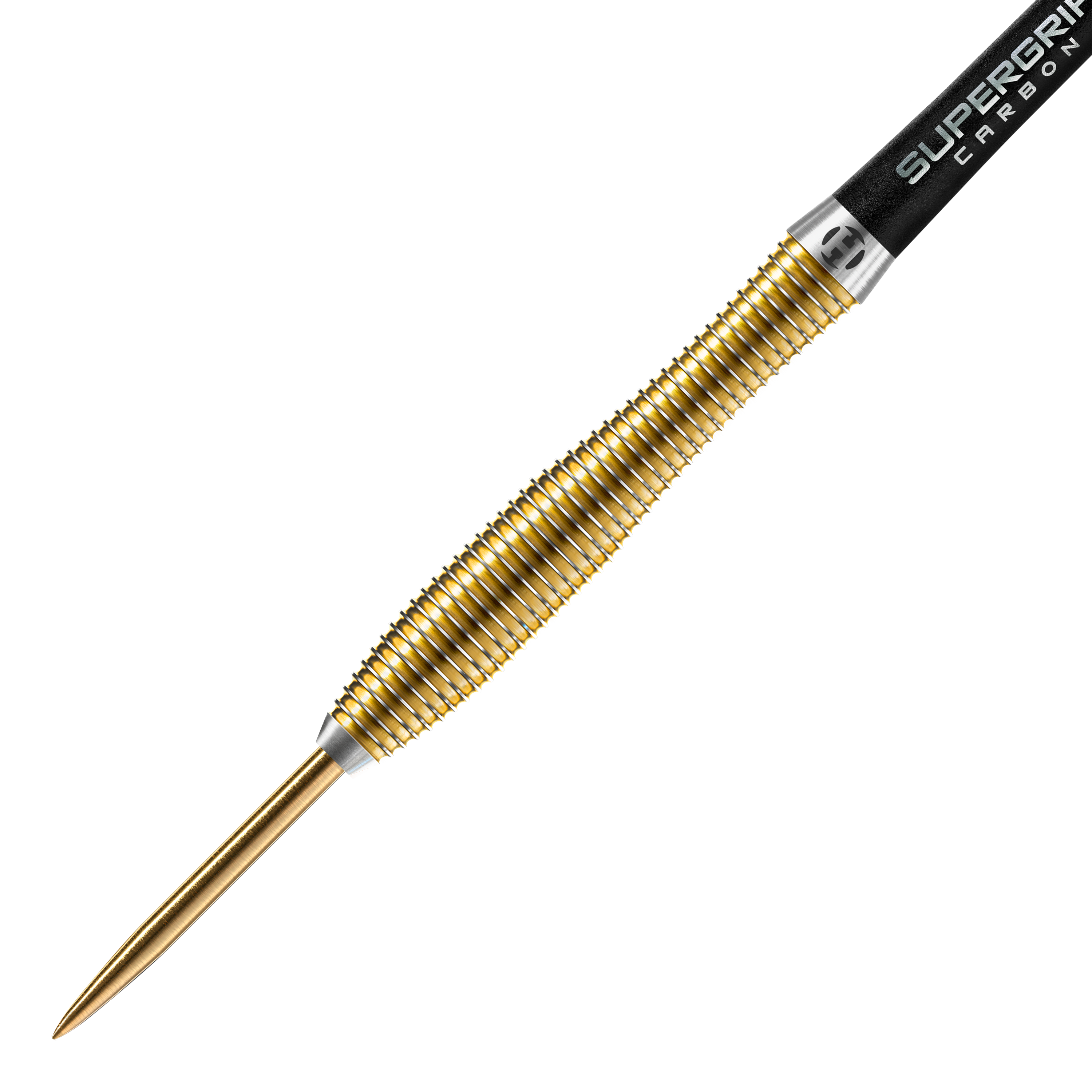 Harrows Anniversary Edition V-Wing Steel Darts Dies ist ein goldfarbener Steeldart mit gerilltem Griff. Am hinteren Ende steht "SUPERGRIP CARBON" auf dem Schaft.