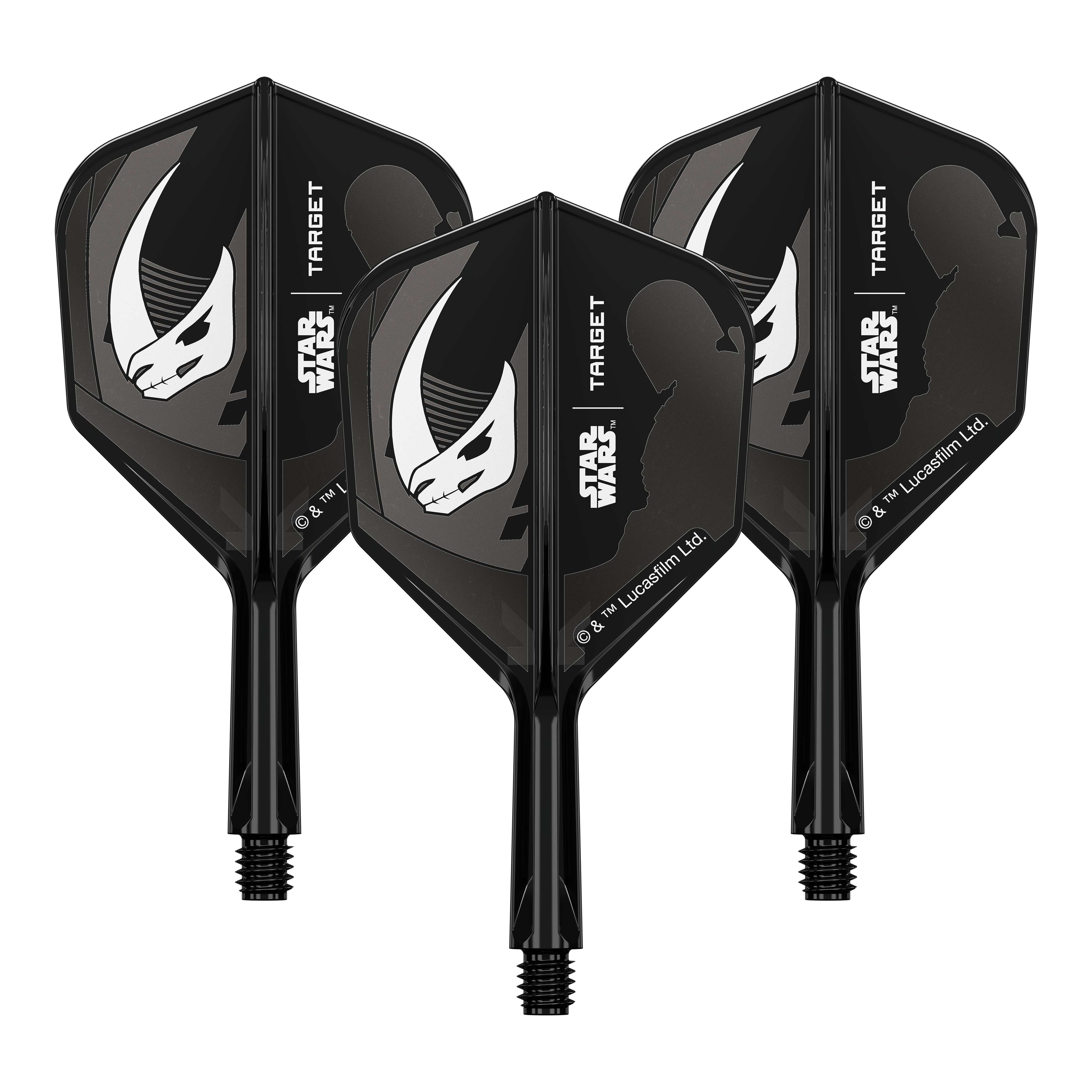 Target Star Wars K-Flex Set Mandalorian No6 Flights Auf dem Produkt ist eine Mandalorianer-Rüstung aus Star Wars abgebildet. Es handelt sich um einen weiteren No6 Flights 19 mm Dart-Flügel.