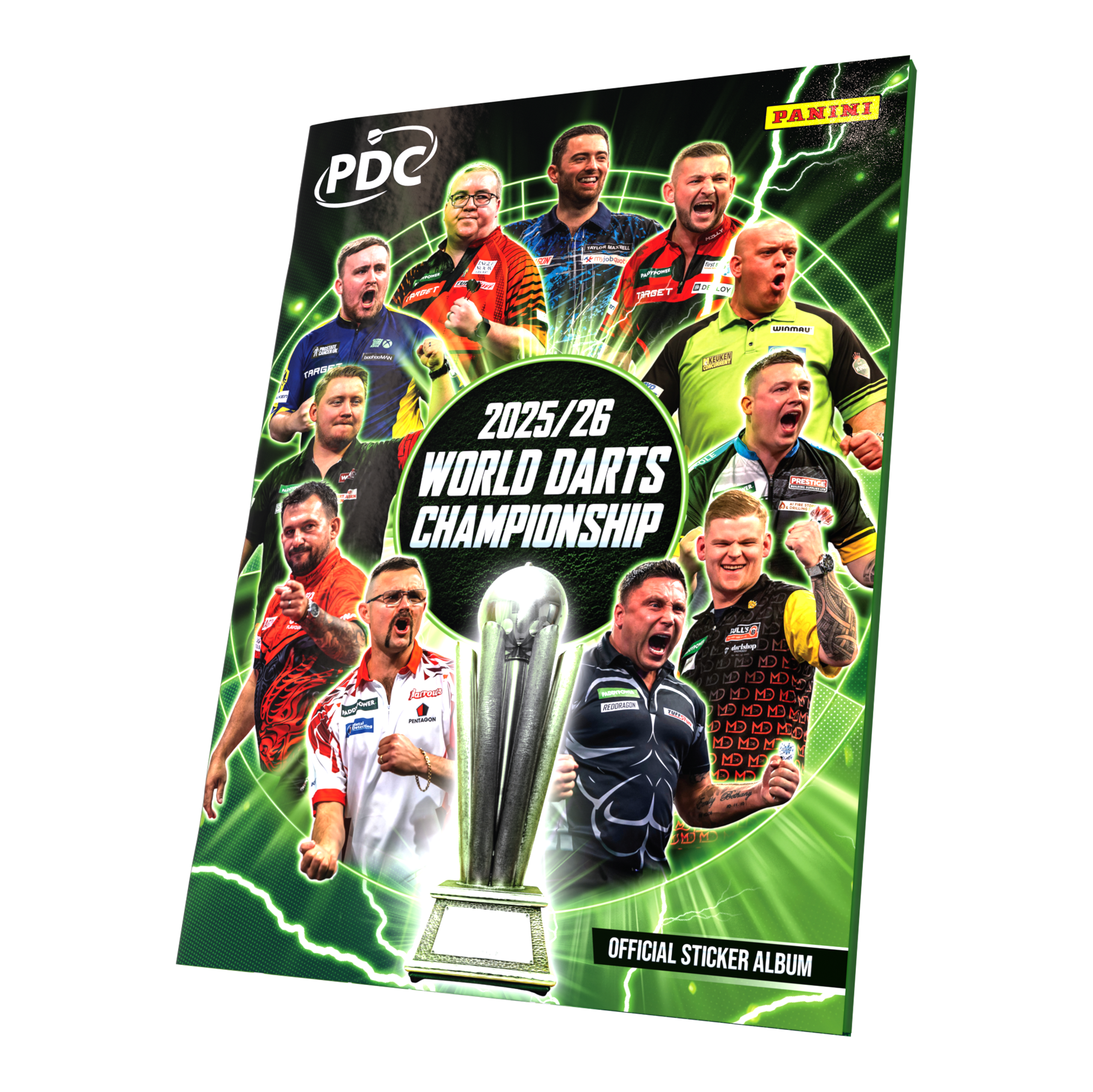 Panini PDC World Darts Championship 2025/26 - Mega balíček v měkké vazbě se dvěma krabičkami se samolepkami Panini PDC World Darts Championship 2025/26 - Offizielles Sticker-Sammelalbum als Softcover zu sehen. Das Sammelalbum ist für die Kollektion von Panini-Stickern rund um die Weltmeisterschaft gedacht.