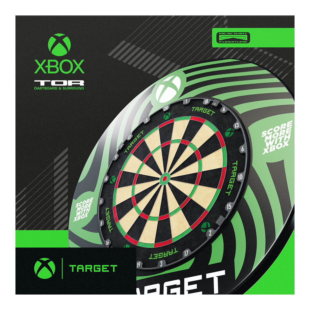 Abgebildet ist das Target Xbox Dartboard Surround Bundle. Es handelt sich um ein Set für Xbox-Dartboards.