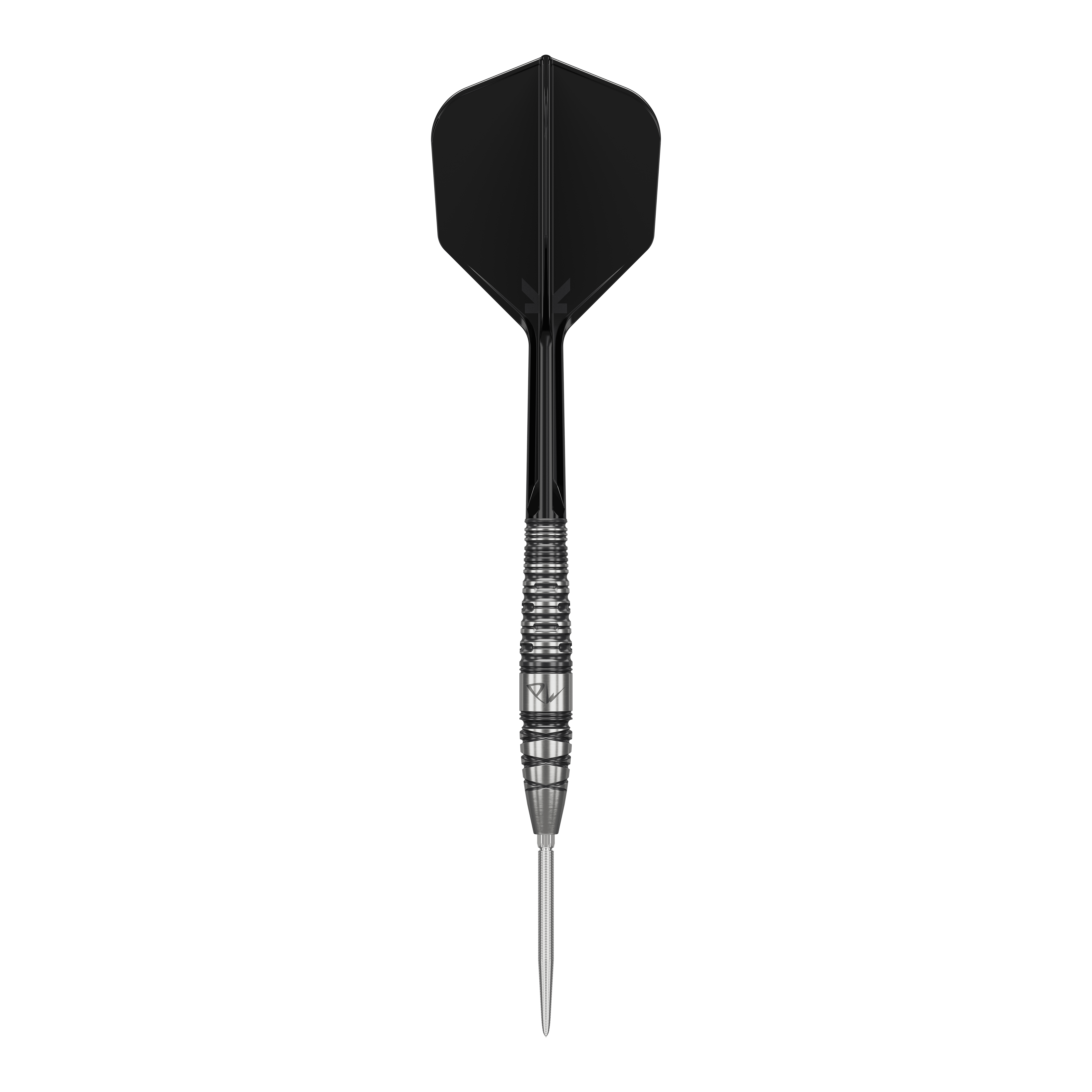 Das Bild zeigt einen Target Japan Black Marque PW 2 SP Steeldart. Der Dartpfeil hat eine silberne Spitze und ein schwarzes Flight.