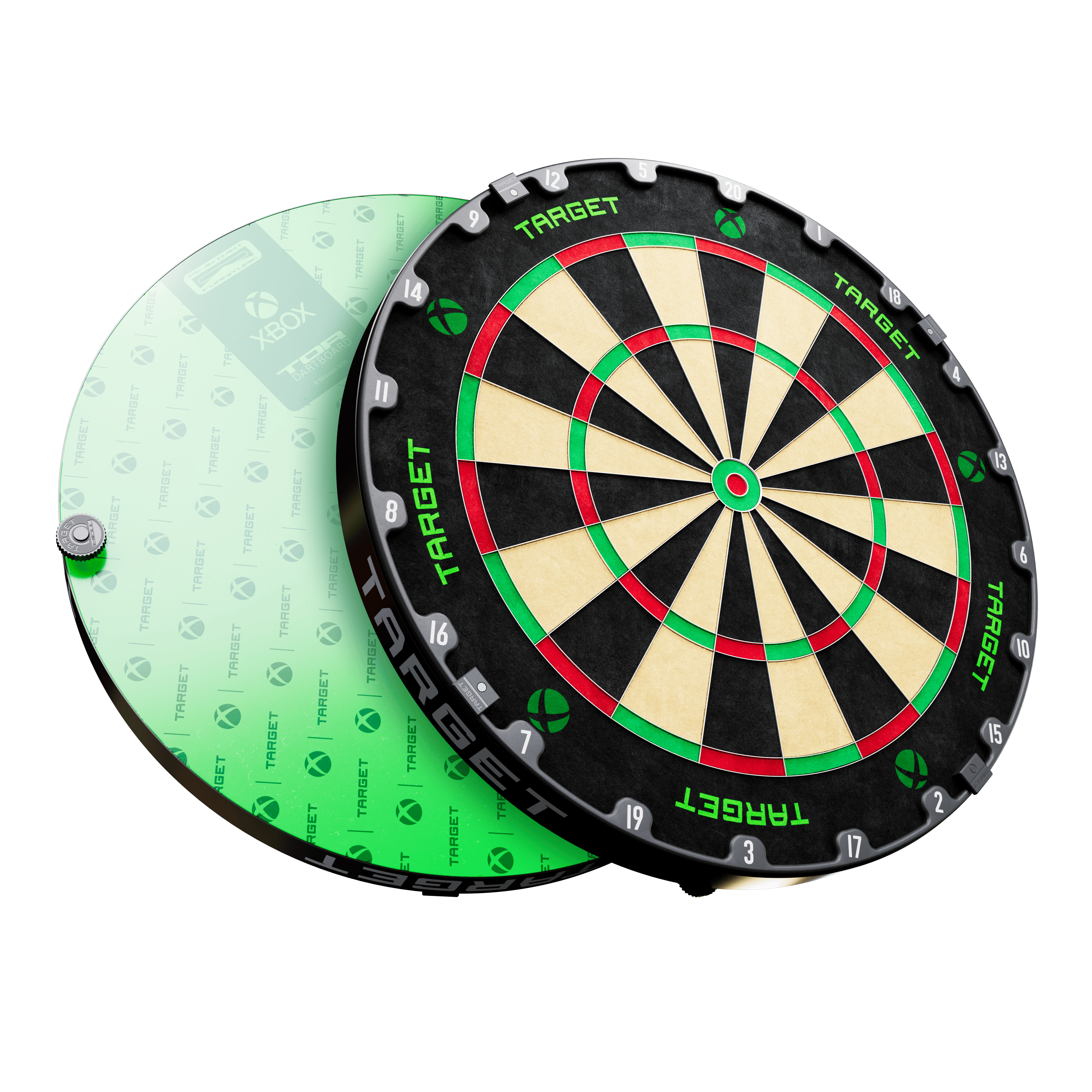 Sada prostorového prostoru pro terč Target Xbox Zu sehen ist das Target Xbox Dartboard Surround Bundle. Es ist ein Zubehör für Dartspieler zur Erweiterung der Scheibe.
