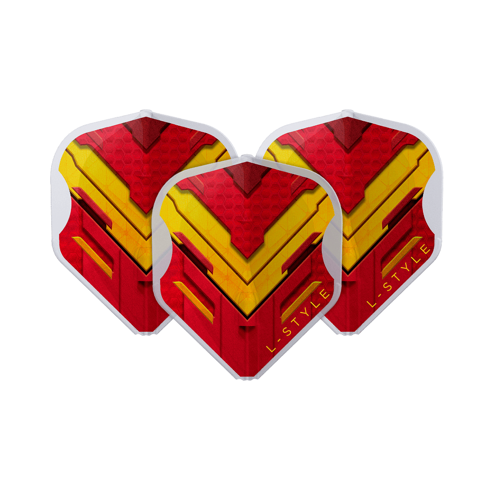 Letky L-Style V Series V1 Type A Španělsko Clear White L1EZ Das Bild zeigt drei Dart-Flights der Marke L-Style in den Farben Rot, Gelb und Weiß. Auf den Flights ist ein auffälliges, geometrisches Muster mit dem Schriftzug "L-STYLE" zu sehen.