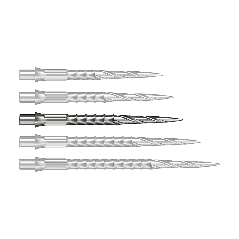 Ocelové hroty na šipky Caliburn System - Spiro - NoLip - stříbrné Zu sehen ist vermutlich eine Steeldartspitze in Silber, 32 mm lang. Das Produkt ist eine Spiro NoLip Spitze vom Caliburn Evo System.