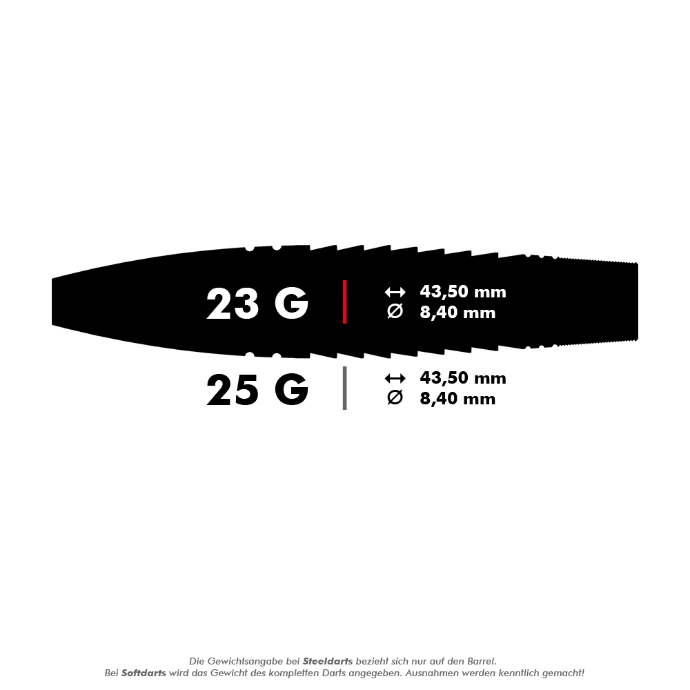 190222_Target_Scott_Williams_GEN1_Swiss_Point_Steeldarts_5_23g Das Bild zeigt die Produktinformationen für die Target Scott Williams GEN1 Swiss Point Steeldarts. Die Darts sind in 23 g und 25 g erhältlich und haben eine Länge von 43,50 mm sowie einen Durchmesser von 8,40 mm.