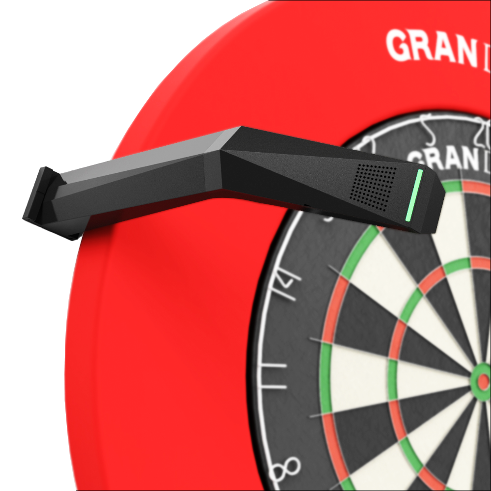 Systém automatického bodování GranDarts Gran Eye GEN2 Steeldart Das Bild zeigt das GranDarts GranEye Steeldart Auto-Scoring-System, das über einem Dartboard installiert ist. Das schwarze Gerät erkennt automatisch die Treffer auf der Dartscheibe und wertet sie aus.