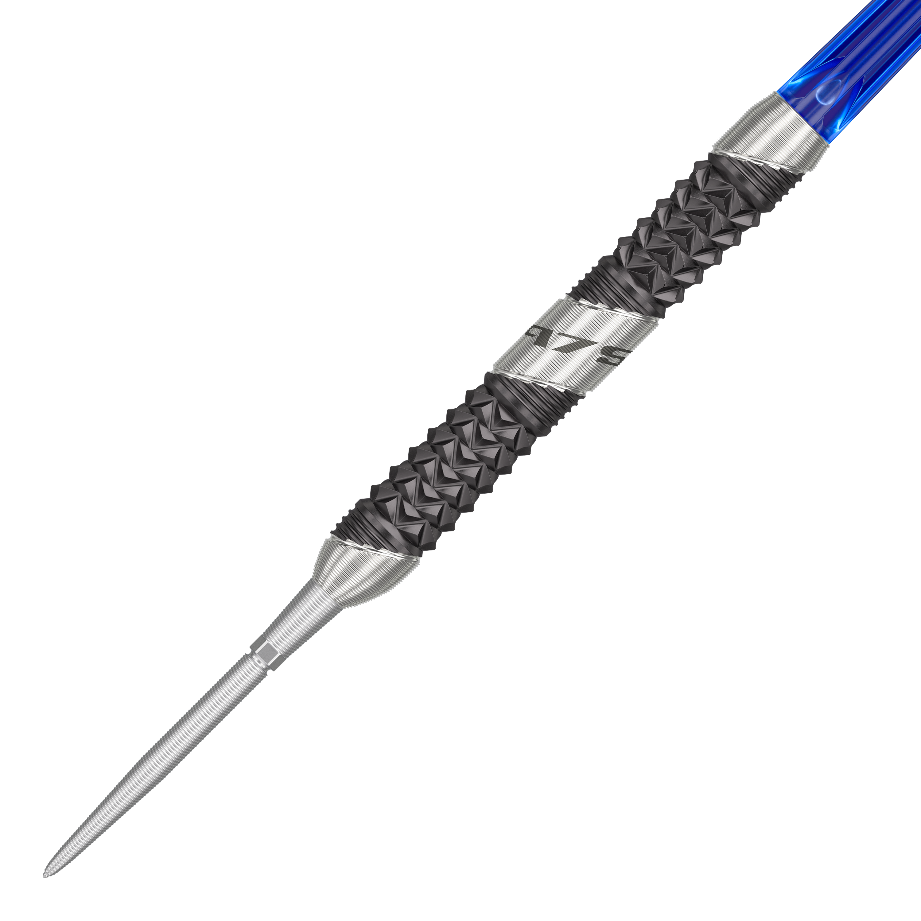 Das Bild zeigt einen Target 975 Ultra Marine 01 Swiss Point Steeldart. Der Dart hat ein markantes, silbernes und schwarzes Griffdesign mit einer blauen Schaftspitze.
