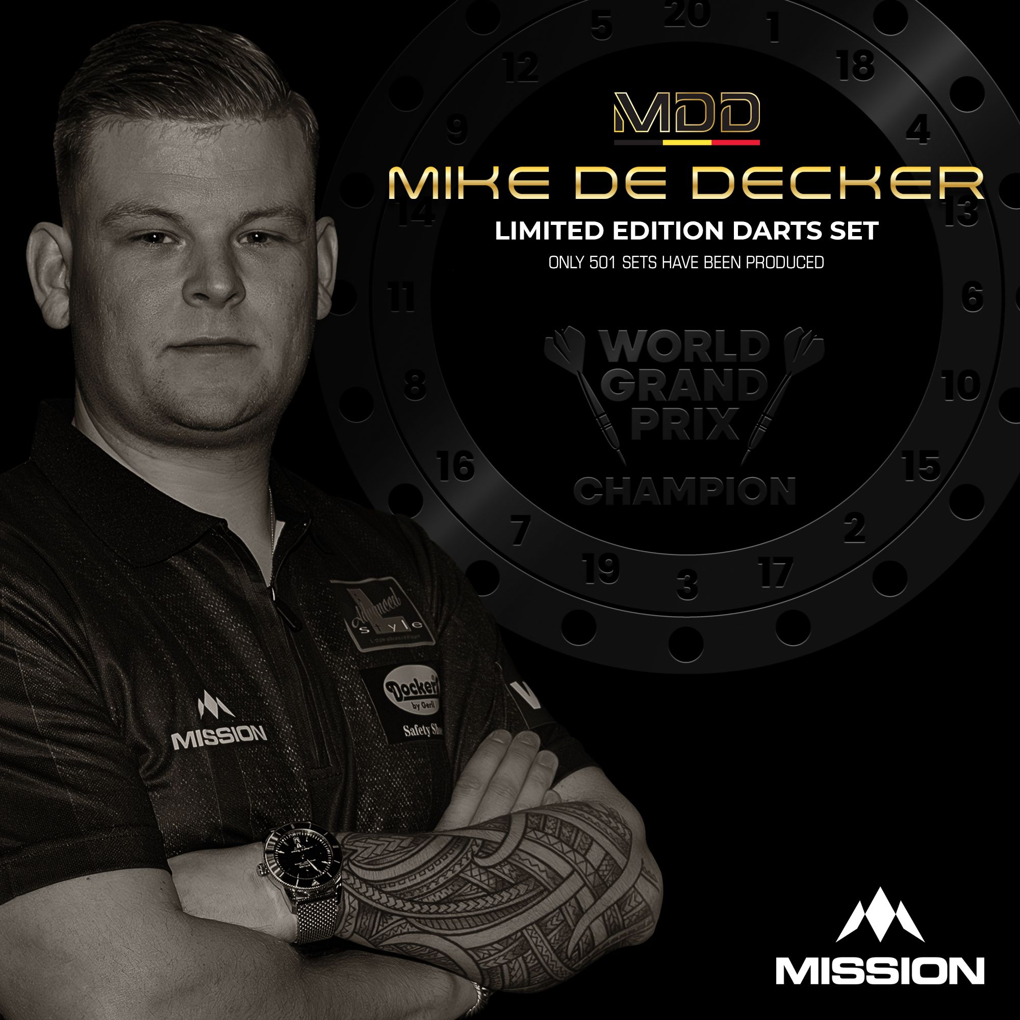 Auf dem Bild sind die Mission Mike De Decker World Grand Prix Limited Edition Black Gold Steeldarts mit 24g zu sehen. Die Steeldarts Beeindrucken mit einer schicken Farbgebung.