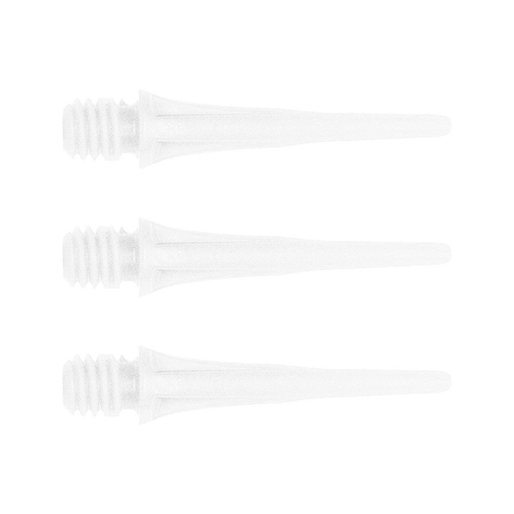Cosmo Fit Point Plus 2BA Spitzen 19mm (50er Pack) Das Bild zeigt drei weiße, spitze Kunststoffteile mit Gewinde am linken Ende. Sie sind ordentlich übereinander angeordnet.