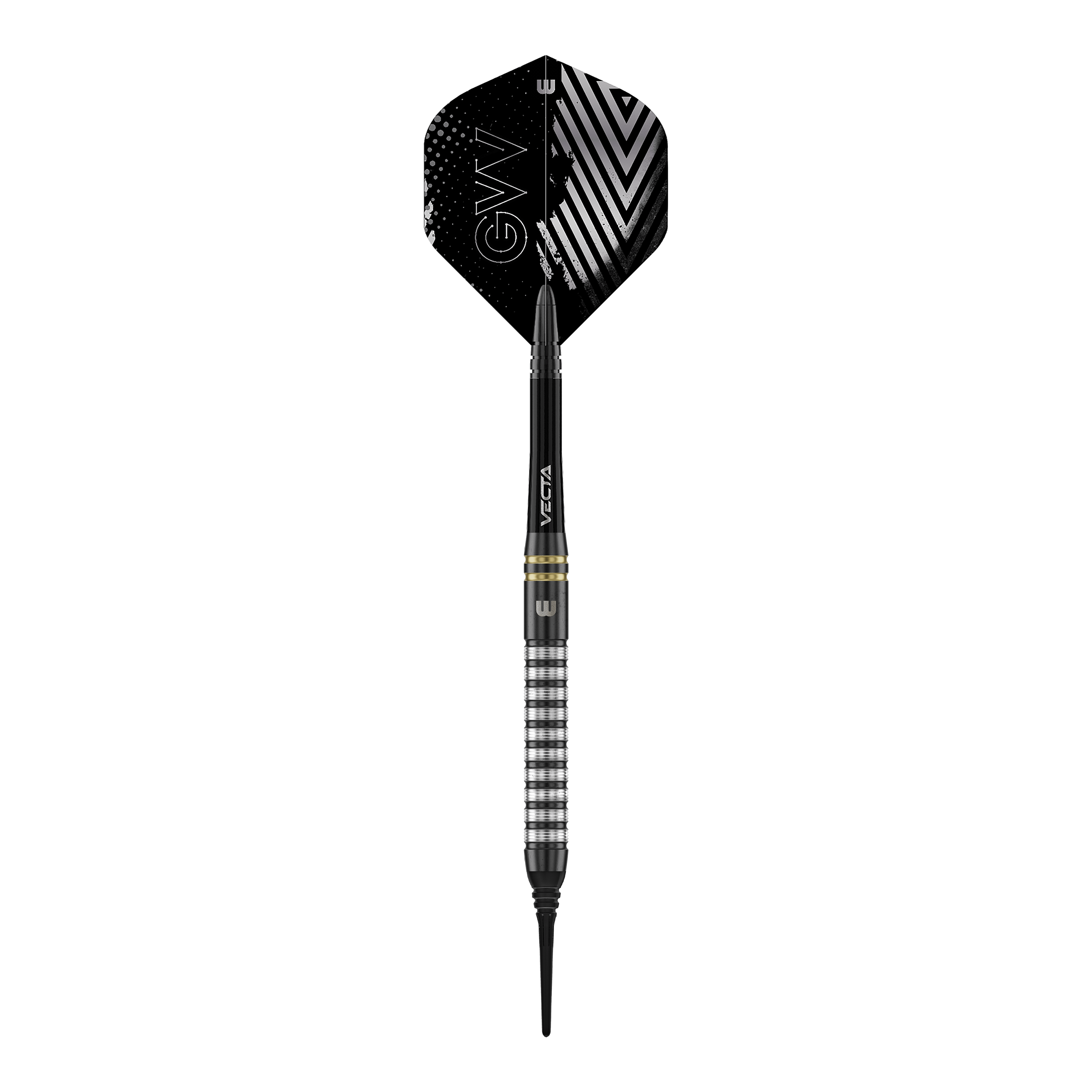 Winmau Gian Van Veen TS Softdarts mit 18g werden aus der Nähe gezeigt. Ein einzelner Dartpfeil liegt im Fokus des Bildes.