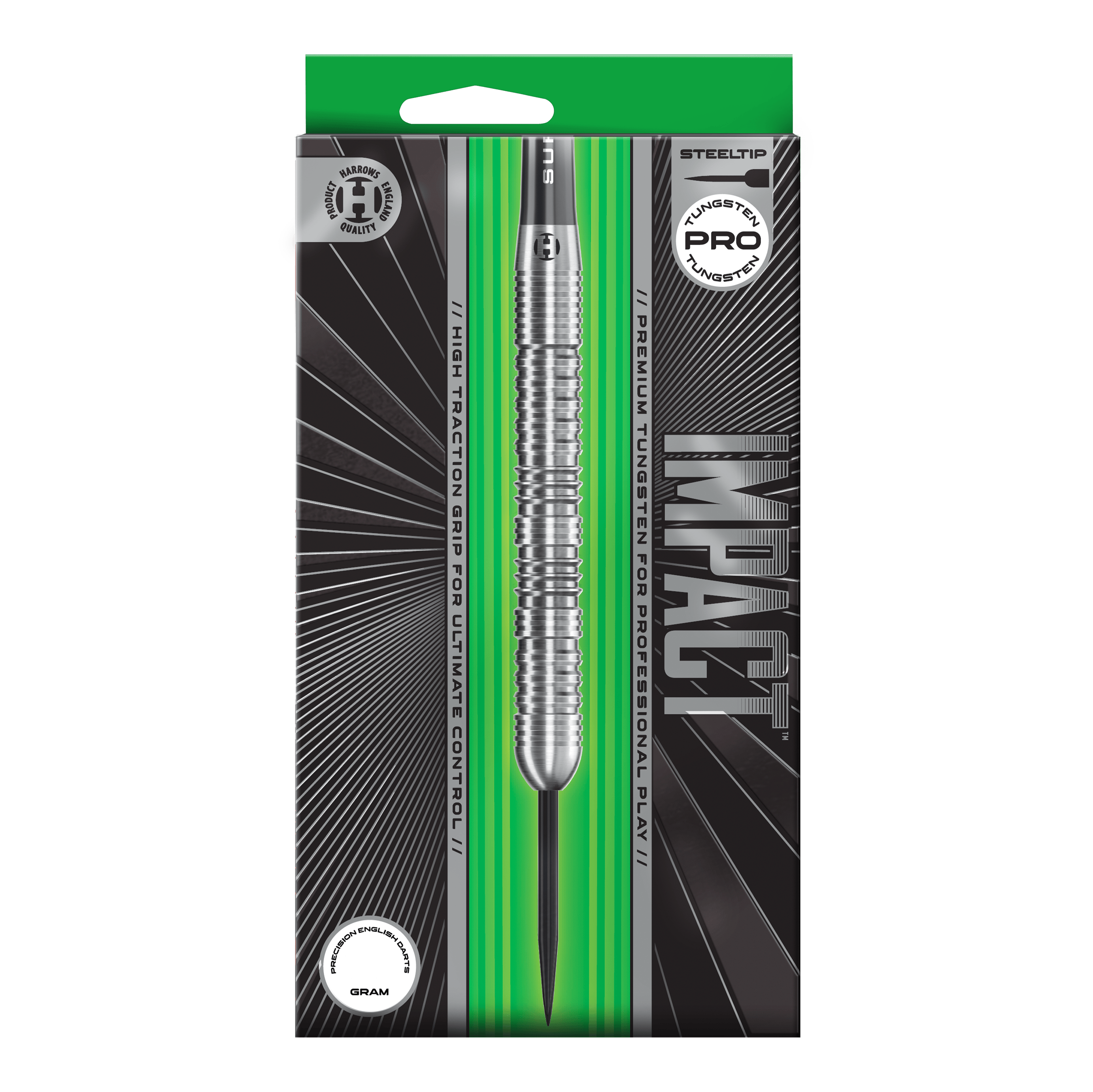 Abgebildet sind Harrows Impact Steeldarts aus einer anderen Perspektive. Die Darts wirken robust und professionell.