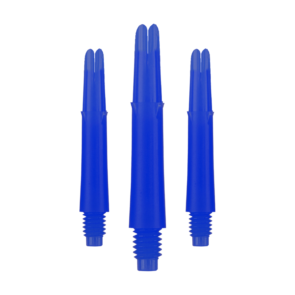 L-tvarované L-hřídele, rovné, zajištěné - modré Auf dem Bild sind drei blaue Dartschäfte in unterschiedlicher Höhe zu sehen. Sie haben ein gerades Design und ein Gewinde am unteren Ende.