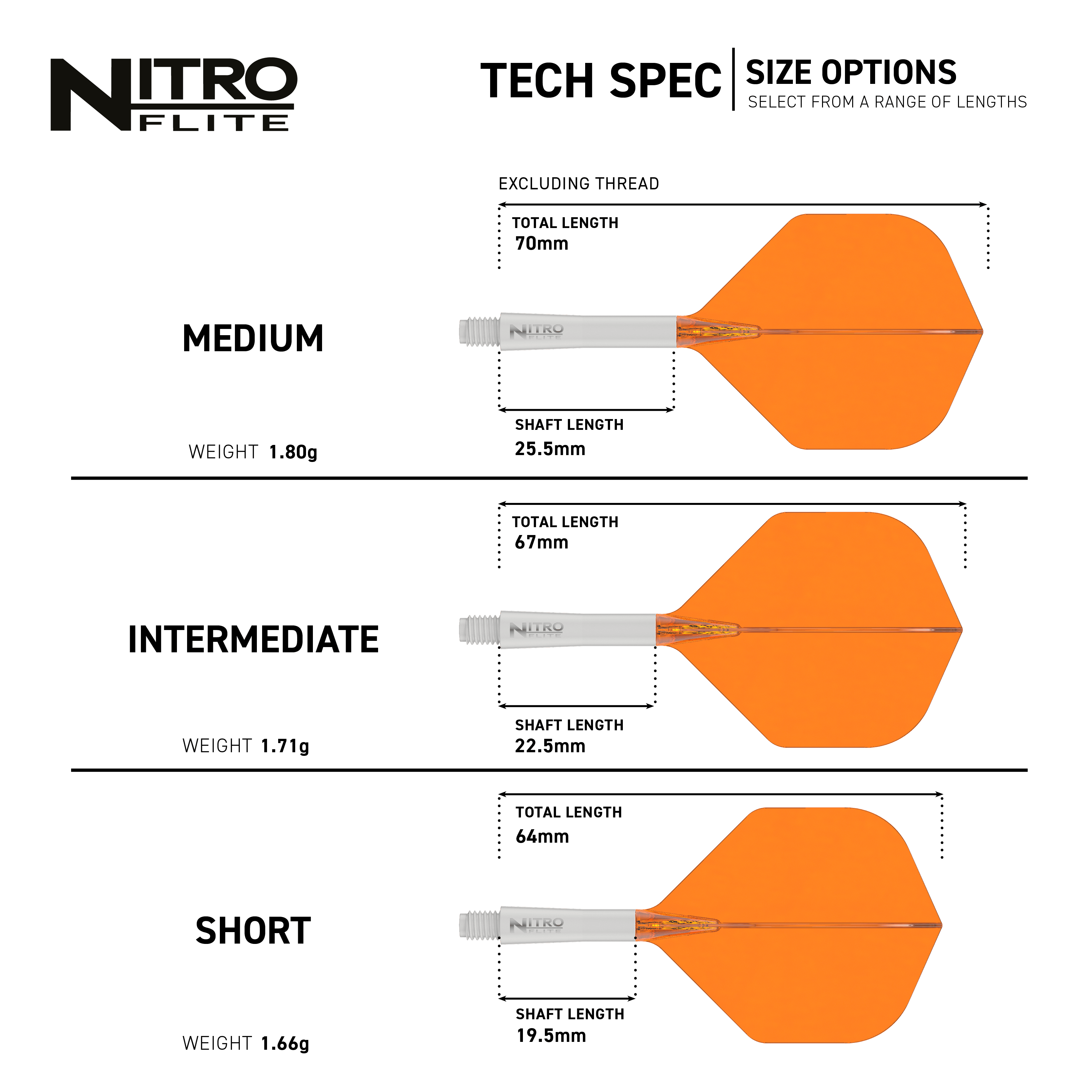 Dieses Bild präsentiert den Red Dragon Nitroflite White Shaft Orange Flights No2. Der Dart-Schaft hat eine weiße Farbe, die Flights sind orange.