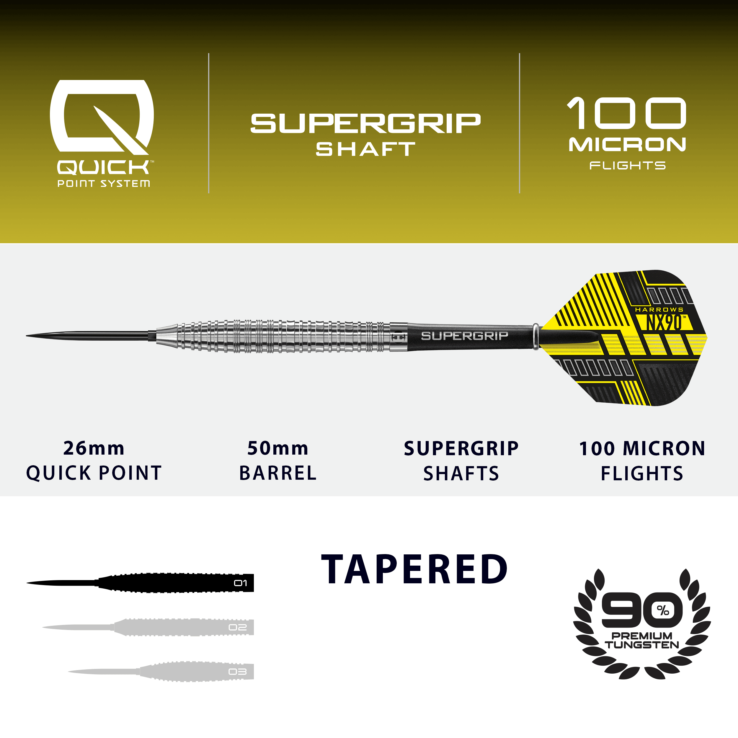 Harrows NX90 zúžené ocelové šipky s rychloupínáním Zu sehen sind die Harrows NX90 Tapered Quick Point Steeldarts. Diese Darts sind konisch geformt und bieten optimalen Halt beim Wurf.
