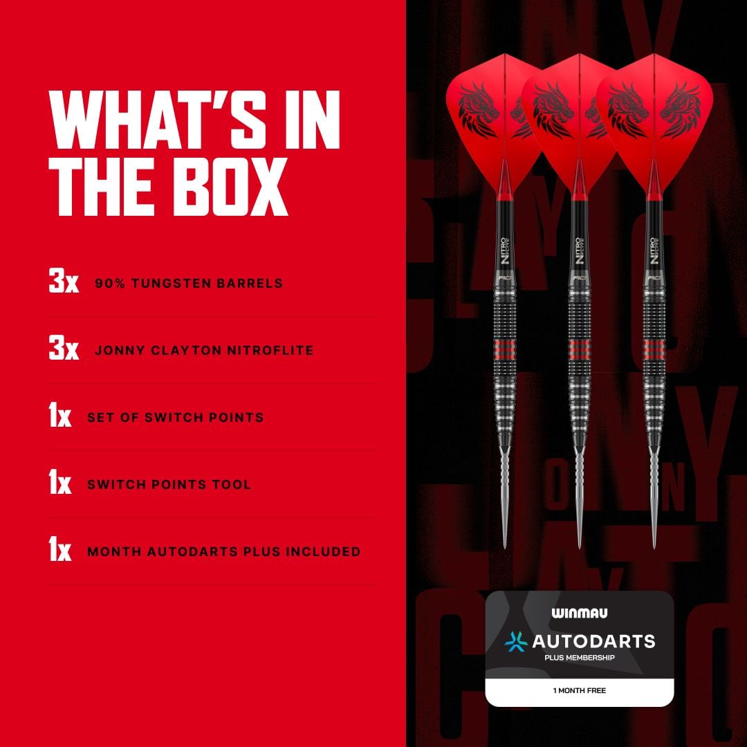 Šipky Red Dragon Jonny Clayton RD-PRO Switch Point ocelové Die Aufnahme zeigt Red Dragon Jonny Clayton RD-PRO Switch Point Steeldarts aus einer anderen Perspektive. Die feine Struktur und Form der Darts ist erkennbar.