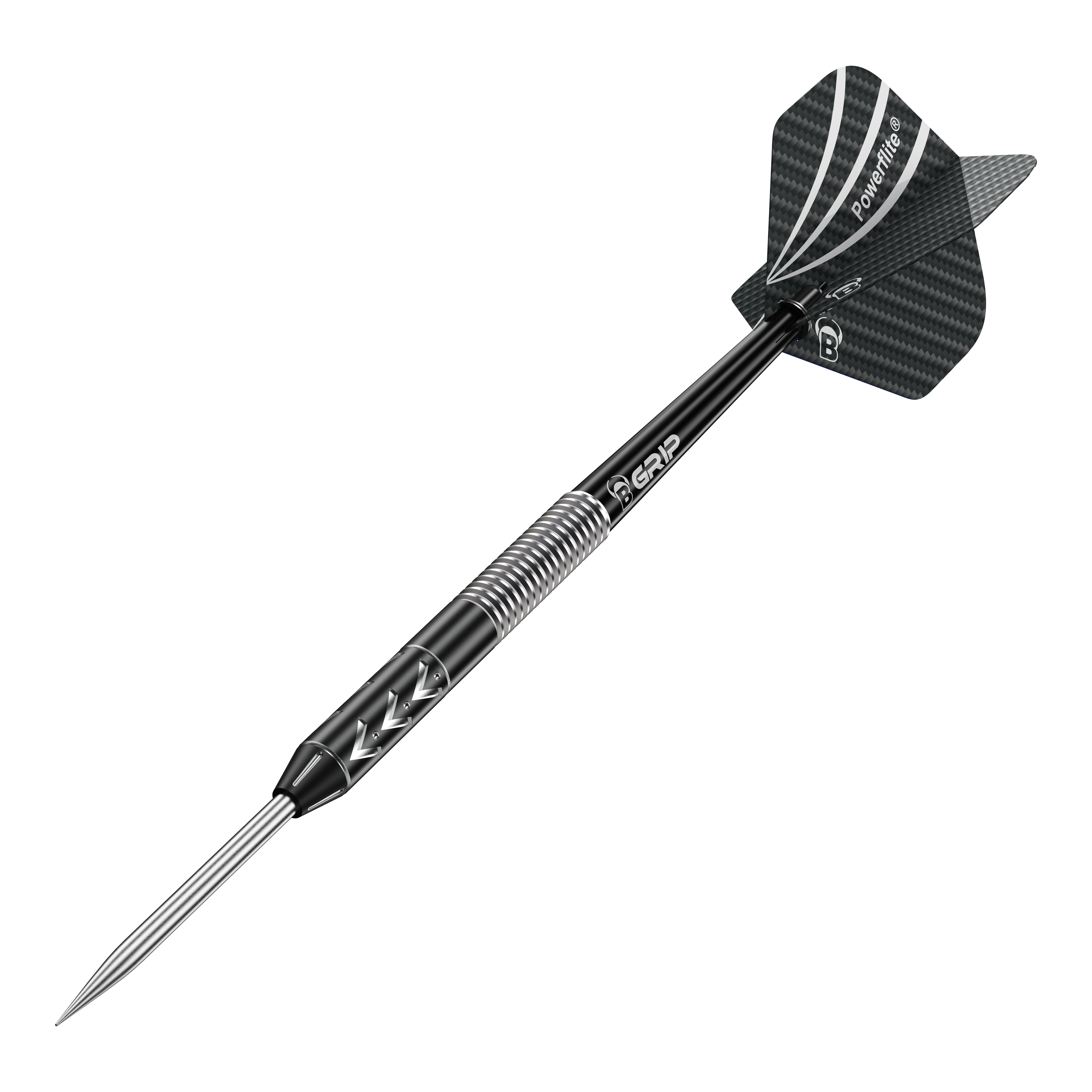 Bulls Challenger Arno Merk ocelové šipky - 22g Das Bild zeigt einen Bulls Challenger Arno Merk Steeldart mit einem Gewicht von 22g. Der Dart ist überwiegend schwarz mit einem silbernen Griffbereich und einer schwarzen Flight.