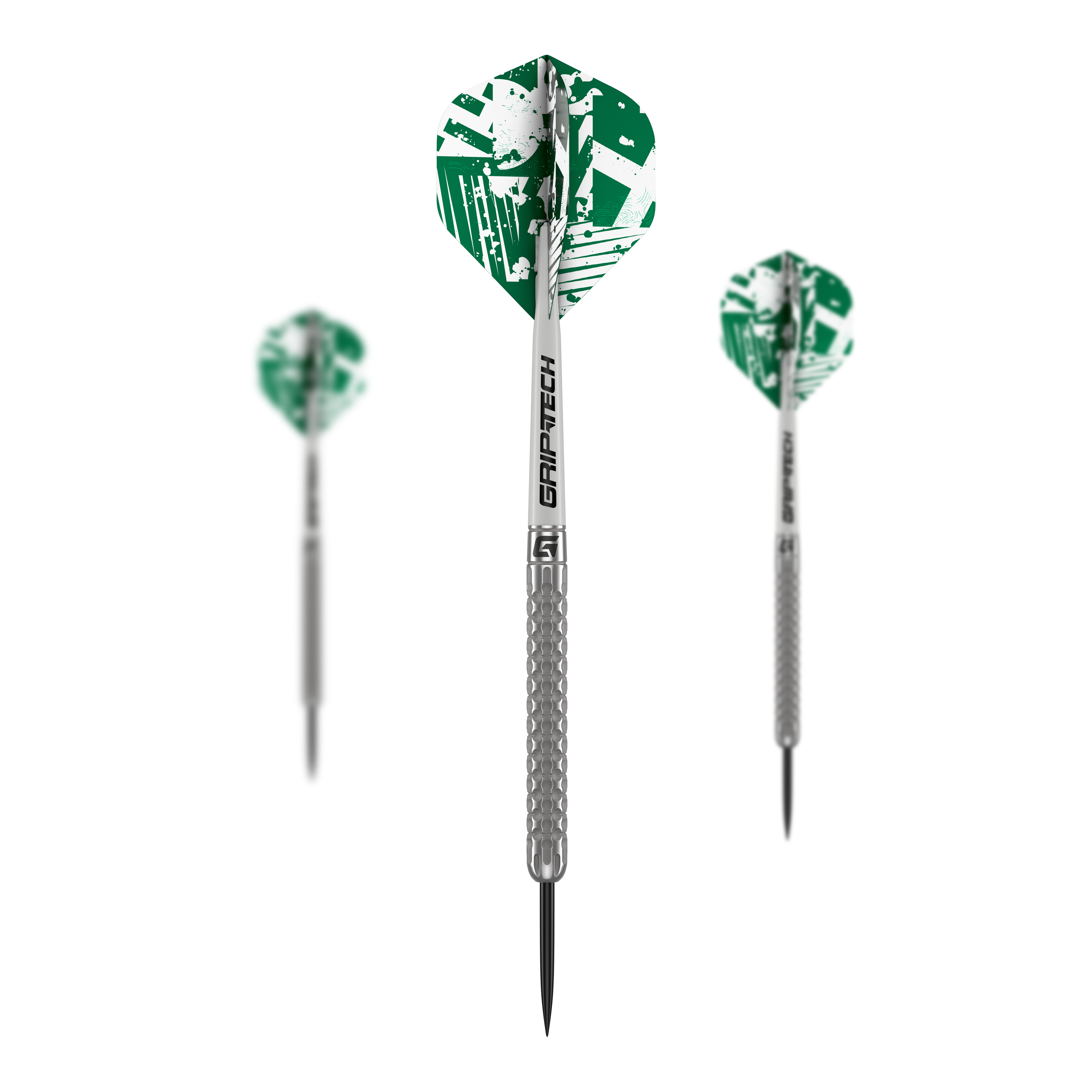 Šipky GOAT Fairway V1 z wolframové oceli Das Bild zeigt drei GOAT Fairway V1 Tungsten Steeldarts mit grünen und weißen Flights. Die Darts haben silberne Griffe mit strukturiertem Muster und schwarzer Spitze.