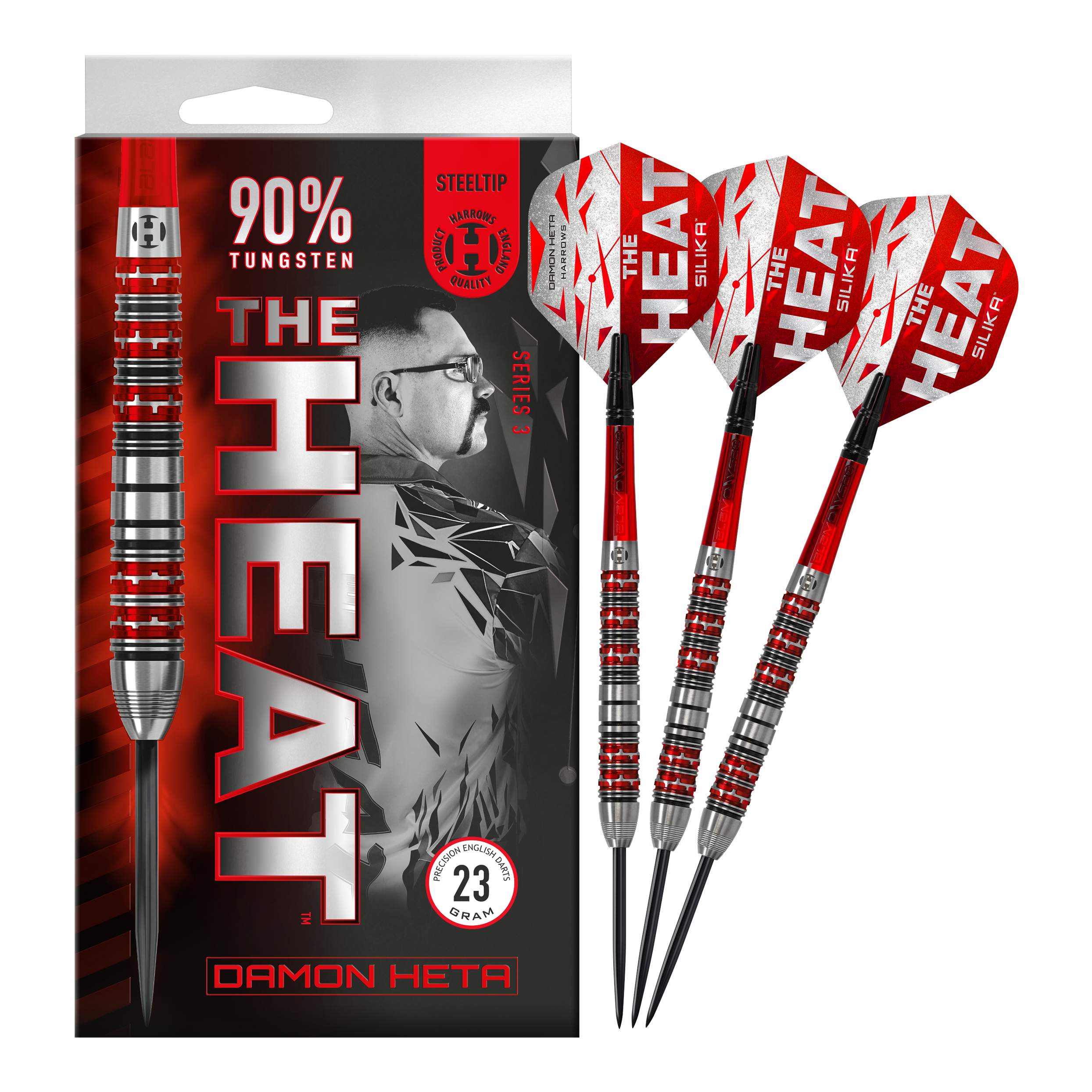 Die Abbildung zeigt die Steeldarts "Harrows Damon Heta Series 3" mit auffälligem roten und silbernen Design. Auf der Verpackung steht, dass die Darts aus 90% Tungsten bestehen und 23 Gramm wiegen.