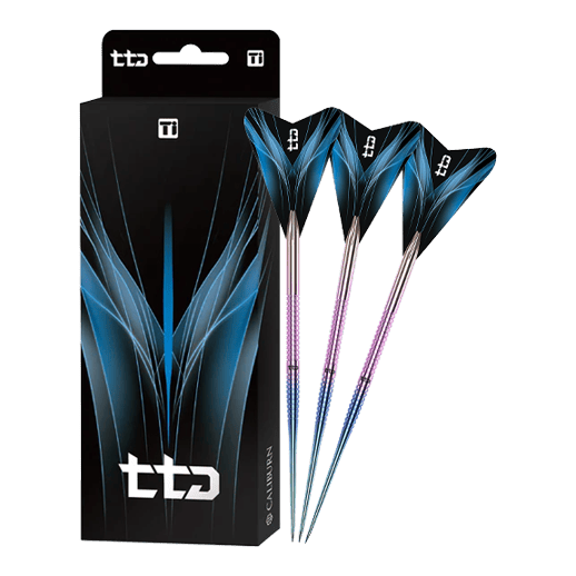 Das Bild zeigt den Caliburn TTD Complete Titanium T1 Rainbow Steeldarts - 5g. Der Steeldart besteht aus Titan und wirkt hochwertig.