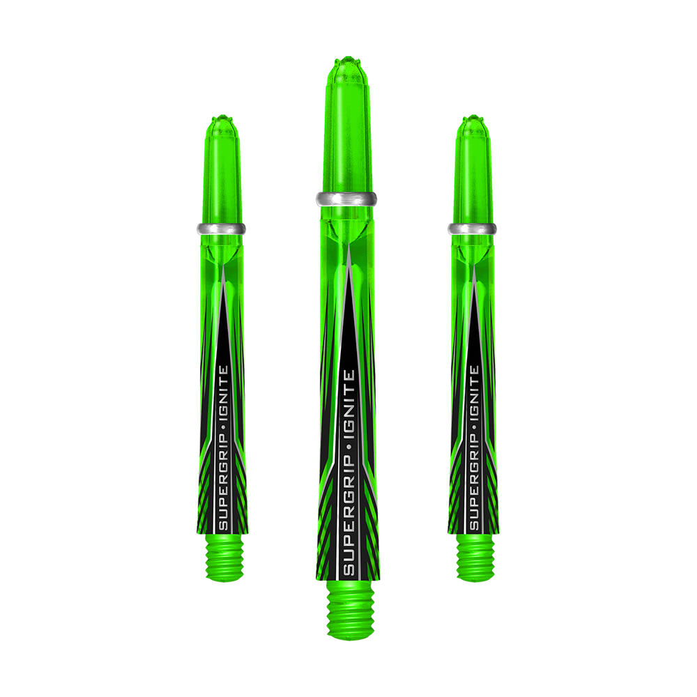 Das Bild zeigt drei grüne Harrows Supergrip Ignite Shafts für Dartpfeile. Die Shafts haben ein modernes Design mit schwarzer und weißer Beschriftung.