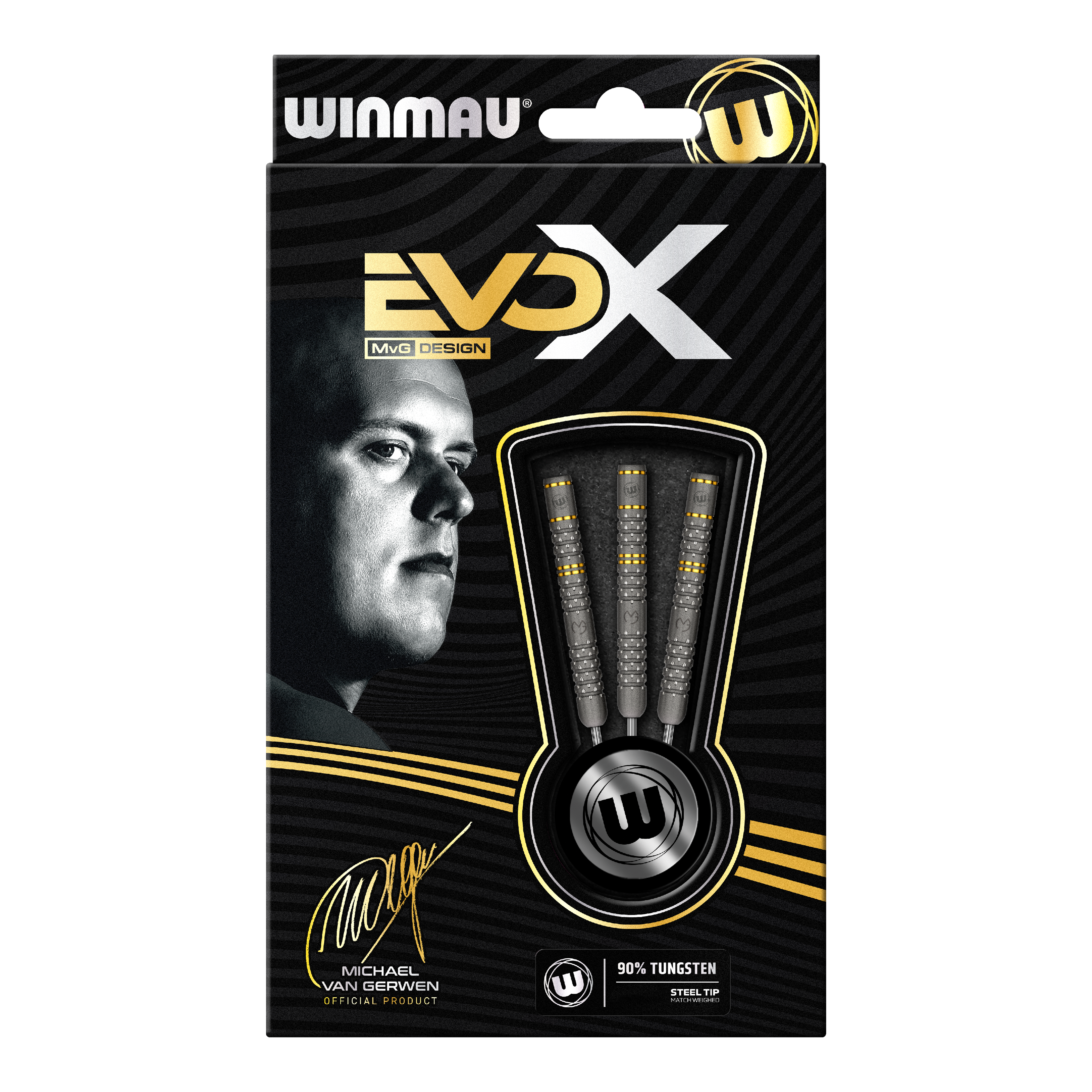 Ocelové šipky Winmau Michael Van Gerwen Evo-X Die Verpackung zeigt die "Winmau Michael Van Gerwen Evo-X Steeldarts" mit stilvollem Design und prominenter Abbildung von Michael Van Gerwen. In der Packung sind drei Steeldarts mit 90% Tungsten-Anteil sichtbar.