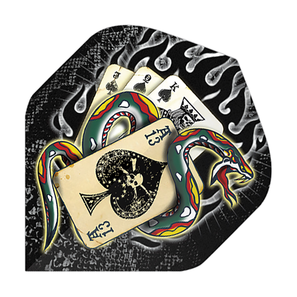 Standardní letky Alchemy Snake Of Spades No2 Das Bild zeigt ein buntes Schlangenmuster, das sich um eine Hand von Spielkarten windet. Im Hintergrund sind Flammen und ein schwarzer, strukturierter Hintergrund zu sehen.