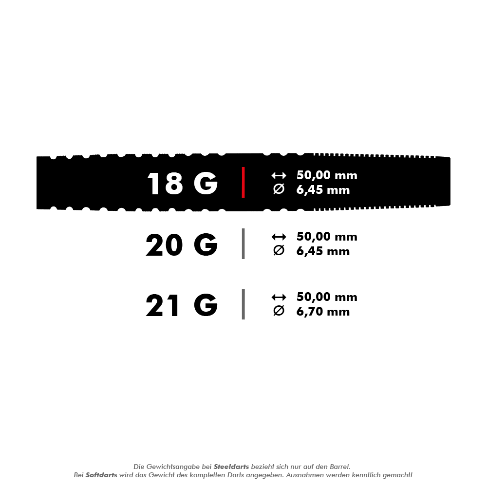 Das Bild zeigt die verschiedenen Gewichte und Maße der Target RVB 80% Black Tungsten Softdarts. Die Darts sind in 18 g, 20 g und 21 g erhältlich, jeweils mit einer Länge von 50,00 mm und unterschiedlichen Durchmessern.