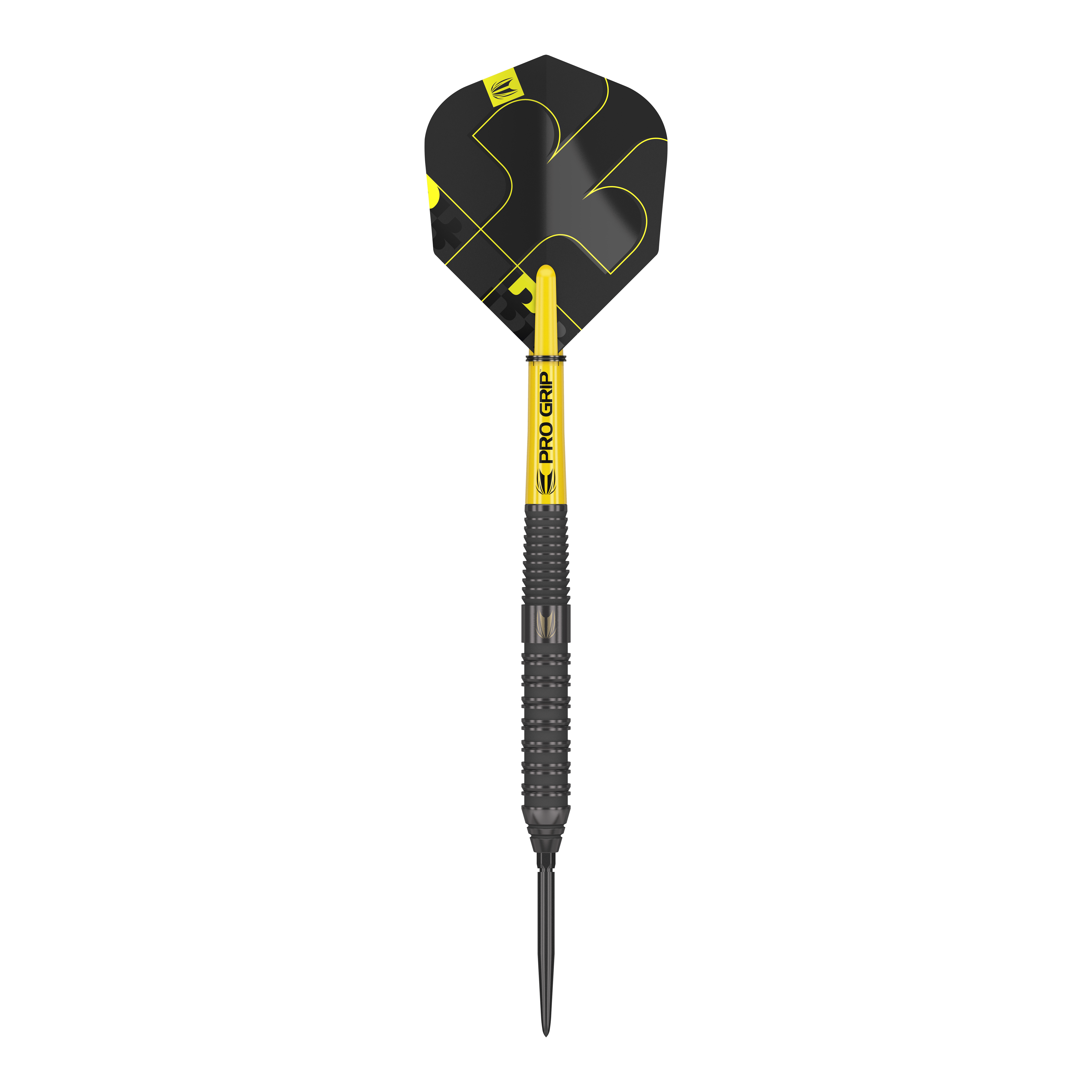 Ocelové šipky Target Bolide Void 02 Swiss Point Das Bild zeigt einen Target Bolide Void 02 Swiss Point Steeldart. Der Dartpfeil ist schwarz mit gelben Akzenten und hat eine strukturierte Griffoberfläche.
