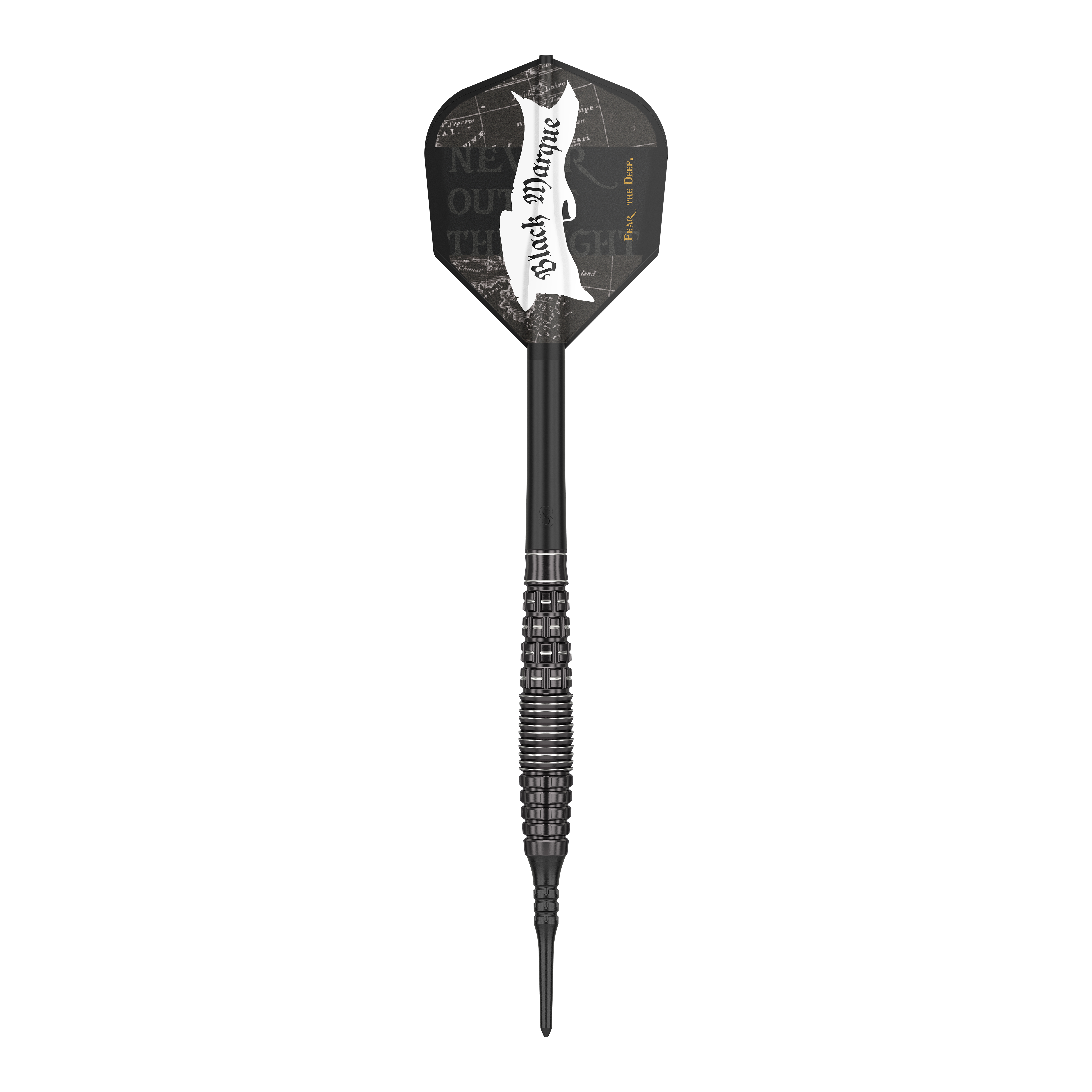 Das Bild zeigt einen schwarzen Softdart namens "Target Japan Black Marque Phantom Softdarts - 18g". Der Dart hat ein elegantes, schwarzes Design mit strukturiertem Griff und einer schwarzen Flight mit weißem Schriftzug.