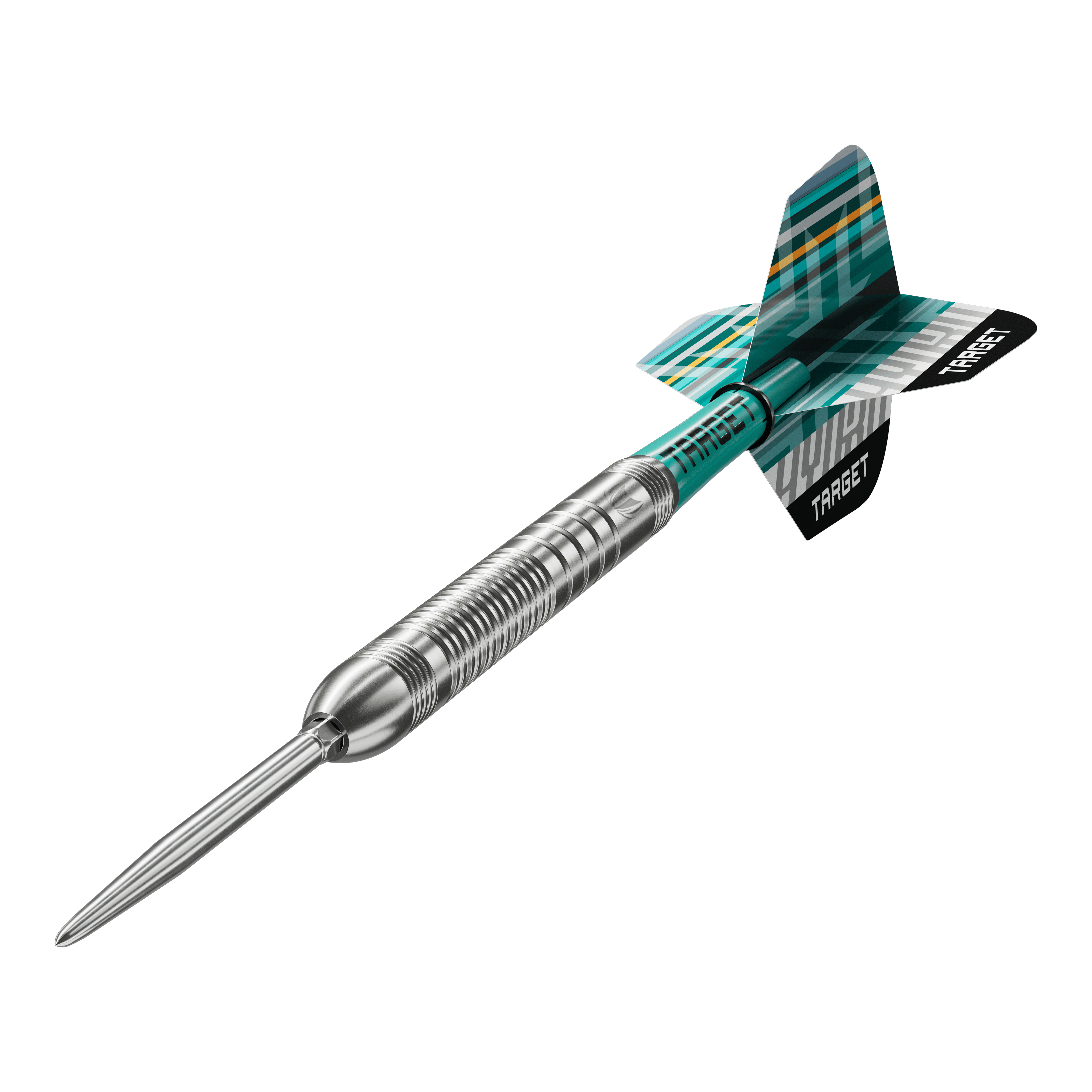 Die Target Hydro 03 Swiss Point Steeldarts sind auf dem Bild zu sehen. Die Nahaufnahme hebt die Details der Darts hervor.