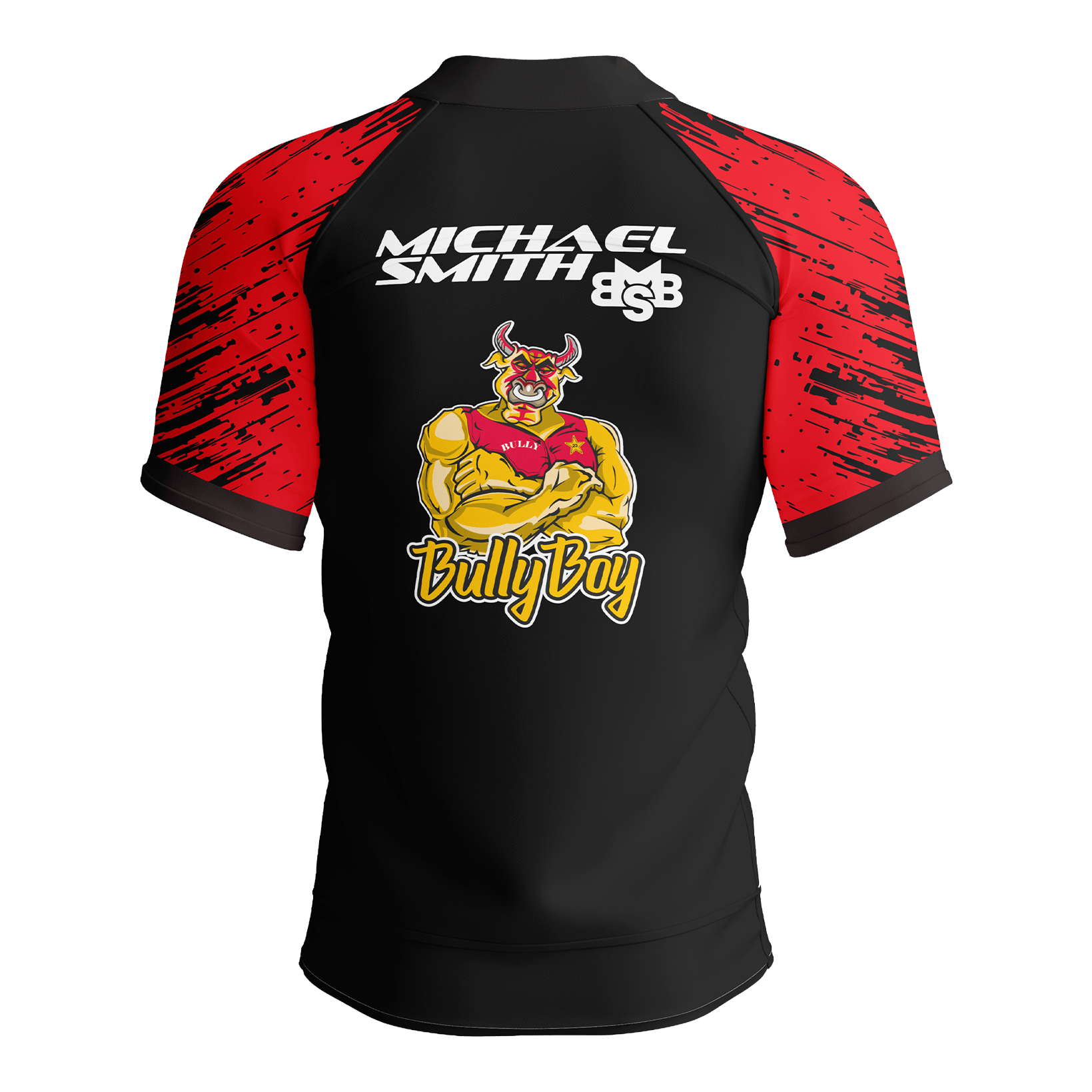 Polokošile Shot Michael Smith s červenými pruhy a logem Das Bild zeigt das Shot Michael Smith Red Strip Polo Dartshirt. Dieses Dartshirt ist speziell für Fans von Michael Smith entworfen.