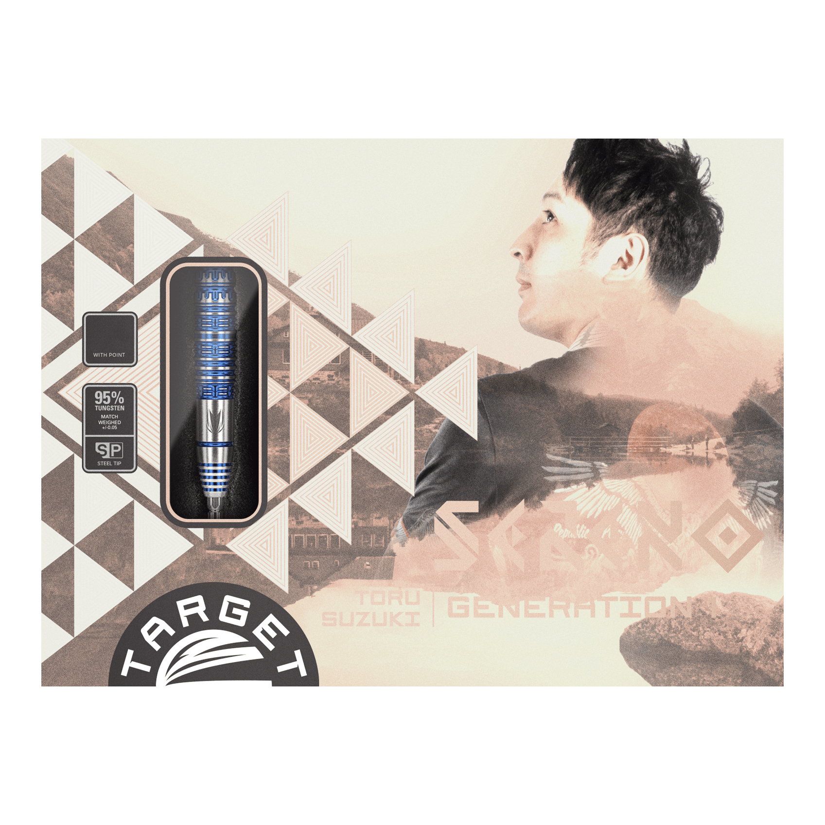Ocelové šipky Target Japan Toru Suzuki Sereno GEN1 Swiss Point - 21g Die Verpackung zeigt die Steeldarts "Target Japan Toru Suzuki Sereno GEN1 Swiss Point" mit einem Gewicht von 21g. Auf der rechten Seite ist eine Porträtaufnahme eines Mannes abgebildet.
