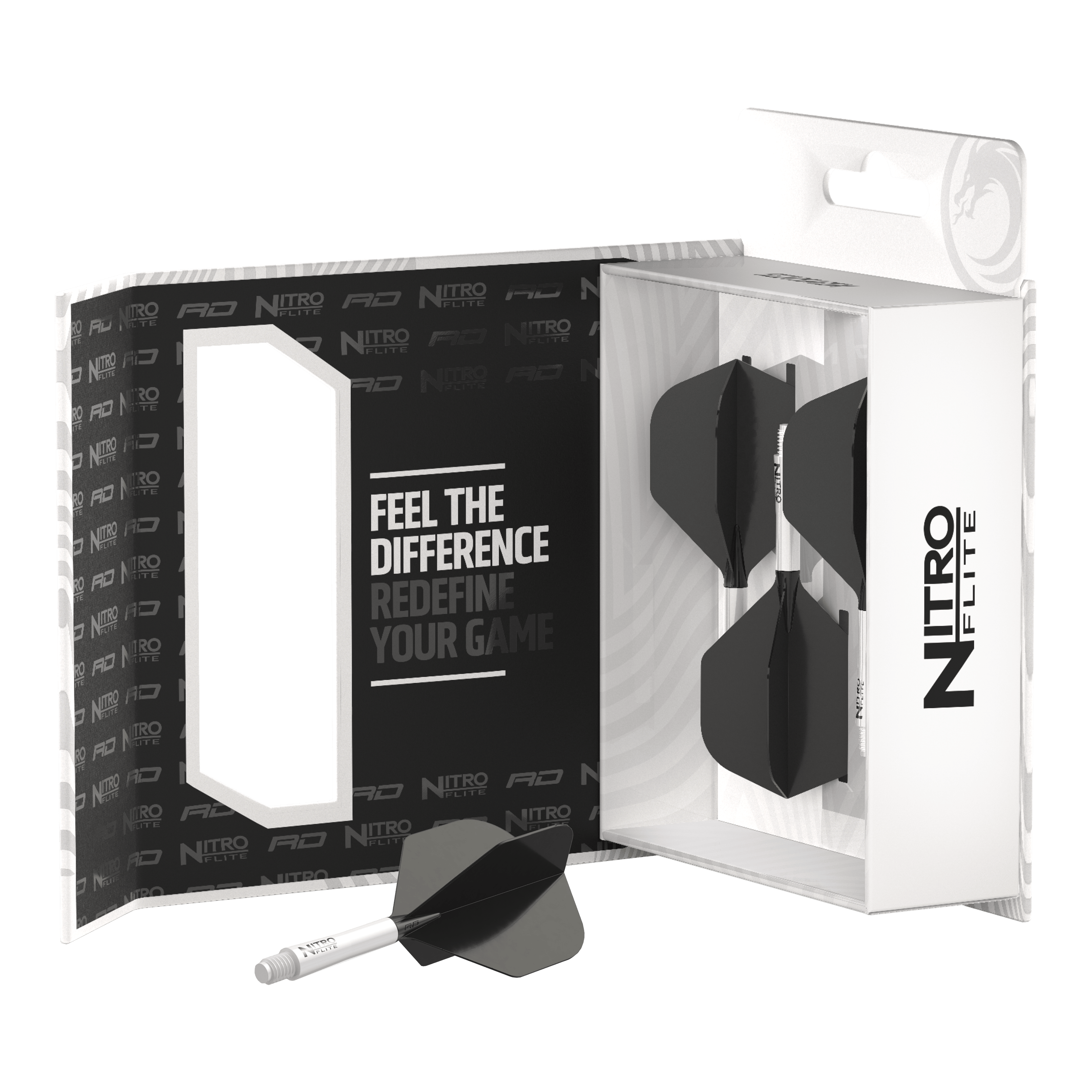 Red Dragon Nitroplte - White Shaft Black No2 Flights Das Bild zeigt die Verpackung des Produkts "Red Dragon Nitroflite - White Shaft Black No2 Flights". Im Inneren sind mehrere weiße Dartschäfte mit schwarzen Flights zu sehen.