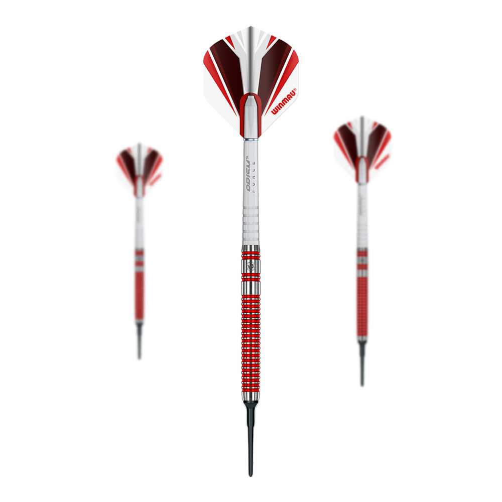 Winmau Overdrive Softdarts - 20g Das Bild zeigt drei Winmau Overdrive Softdarts mit einem Gewicht von 20g. Die Darts haben rote und silberne Details sowie eine rot-weiße Flights.