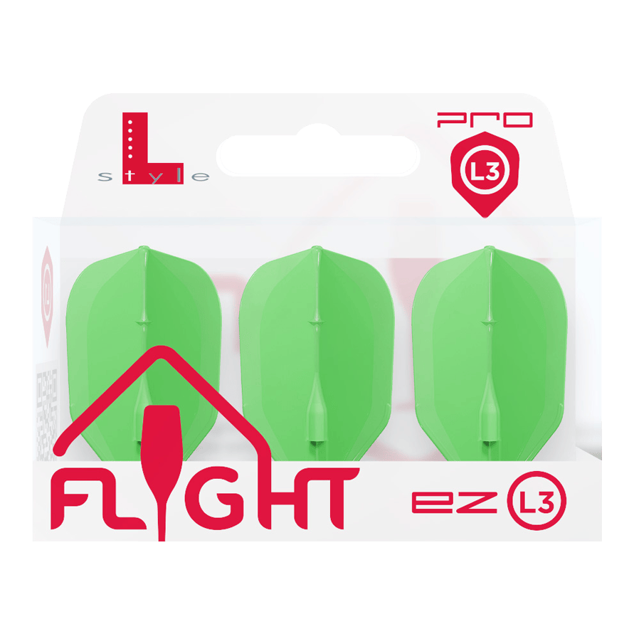 Lety L-L-Style3EZ Das Bild zeigt eine Packung mit drei neon-grünen Dartflights. Die Verpackung ist mit "L-Style Flight EZ L3" beschriftet.