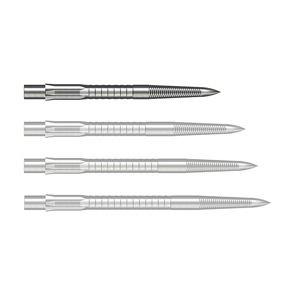 Mission Caliburn EVO System Steel Dart Tips - Micro Grip - Silver Abgebildet ist eine silberne Caliburn Evo System Steeldartspitze Micro Grip mit 28 mm Länge. Die Spitze liegt deutlich sichtbar auf einem hellen Hintergrund.