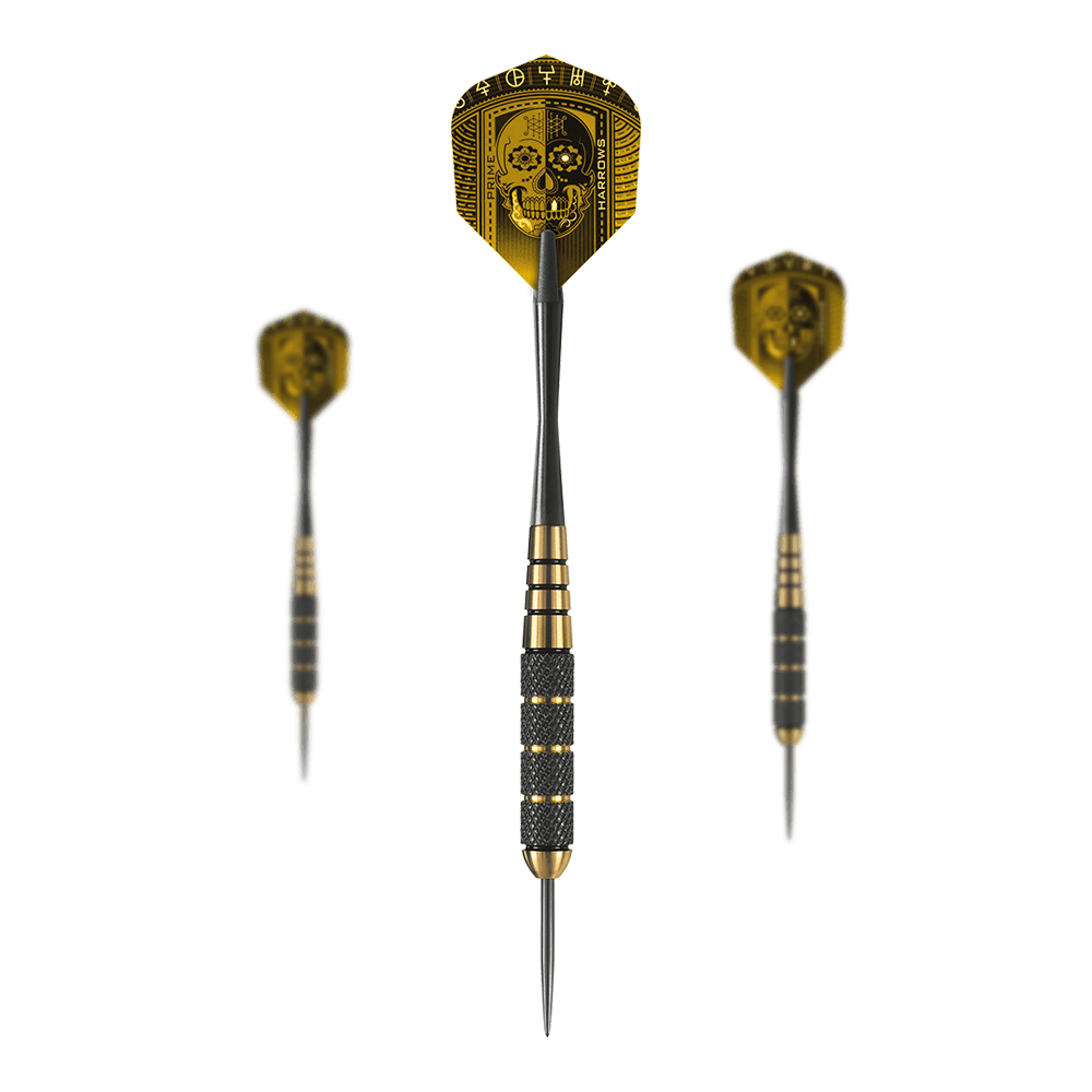 Harrow's Voodoo Brass Steel Darts Das Bild zeigt drei Harrows Voodoo Brass Steeldarts mit auffälligen schwarzen und goldenen Details. Auf den Flights ist ein Totenkopf-Muster abgebildet.