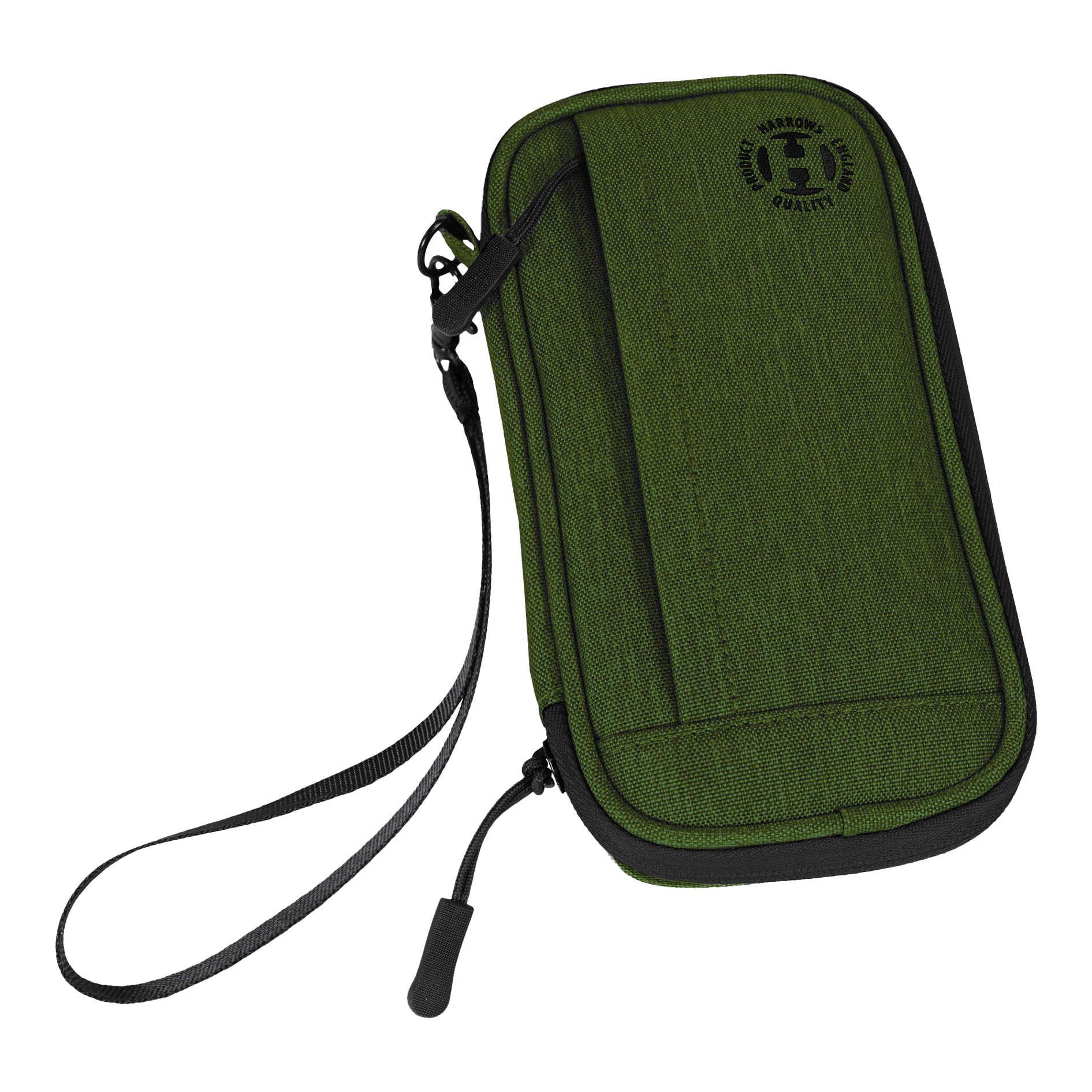 Harrows Smart Case Dartwallet Dies ist ein grünes Dart-Etui mit einem schwarzen Reißverschluss und einer Handschlaufe. Auf der Vorderseite befindet sich ein rundes Logo mit der Aufschrift "Harrows Quality".