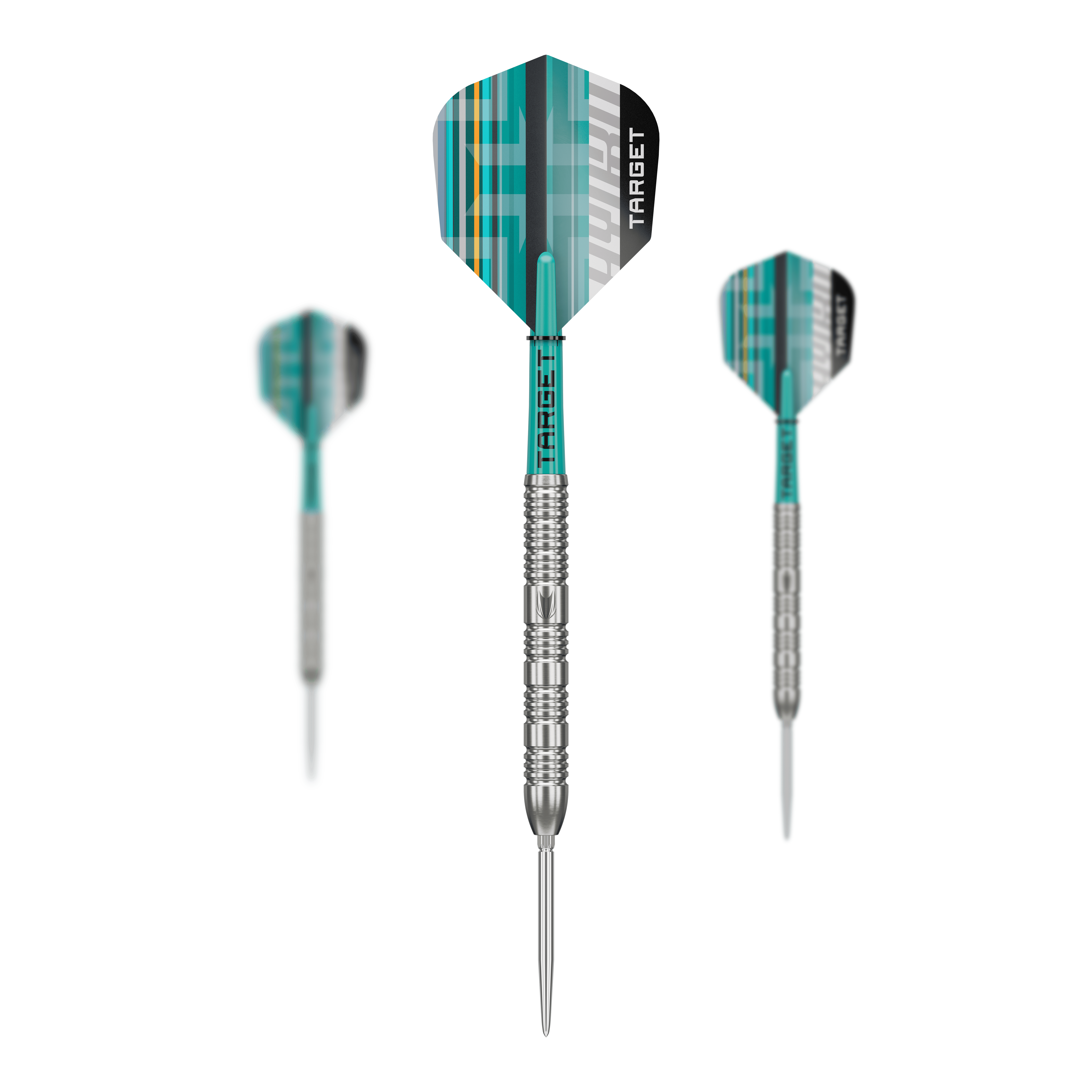 Das Foto zeigt ein Set der Target Hydro 02 Swiss Point Steeldarts. Die verschiedenen Teile des Sets sind gut erkennbar.