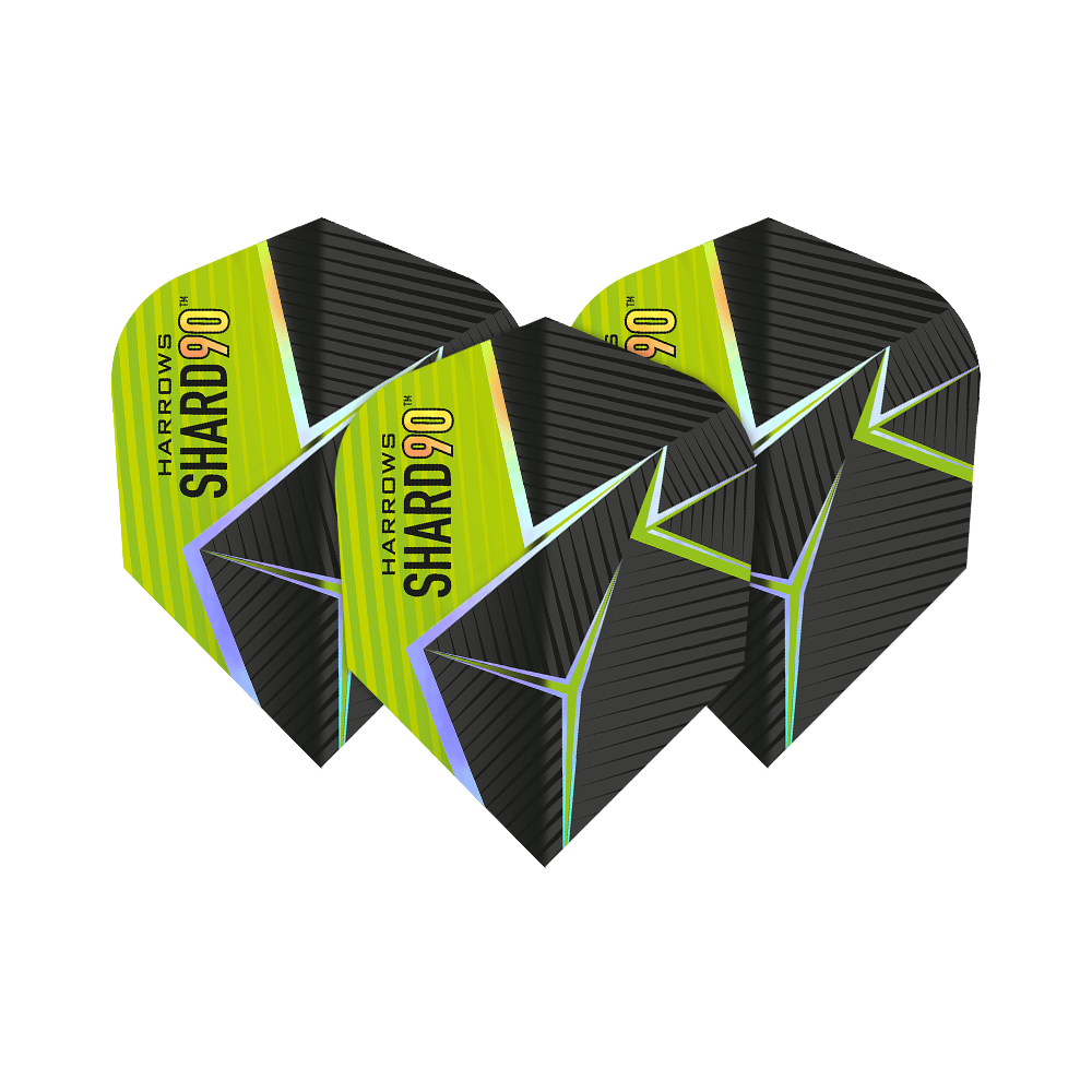 Lety Harrows Prime Shard č. 6 Das Bild zeigt drei Harrows Prime Shard No6 Flights für Darts. Die Flights haben ein schwarz-gelbes Design mit futuristischen Linien und dem Aufdruck "SHARD 90".