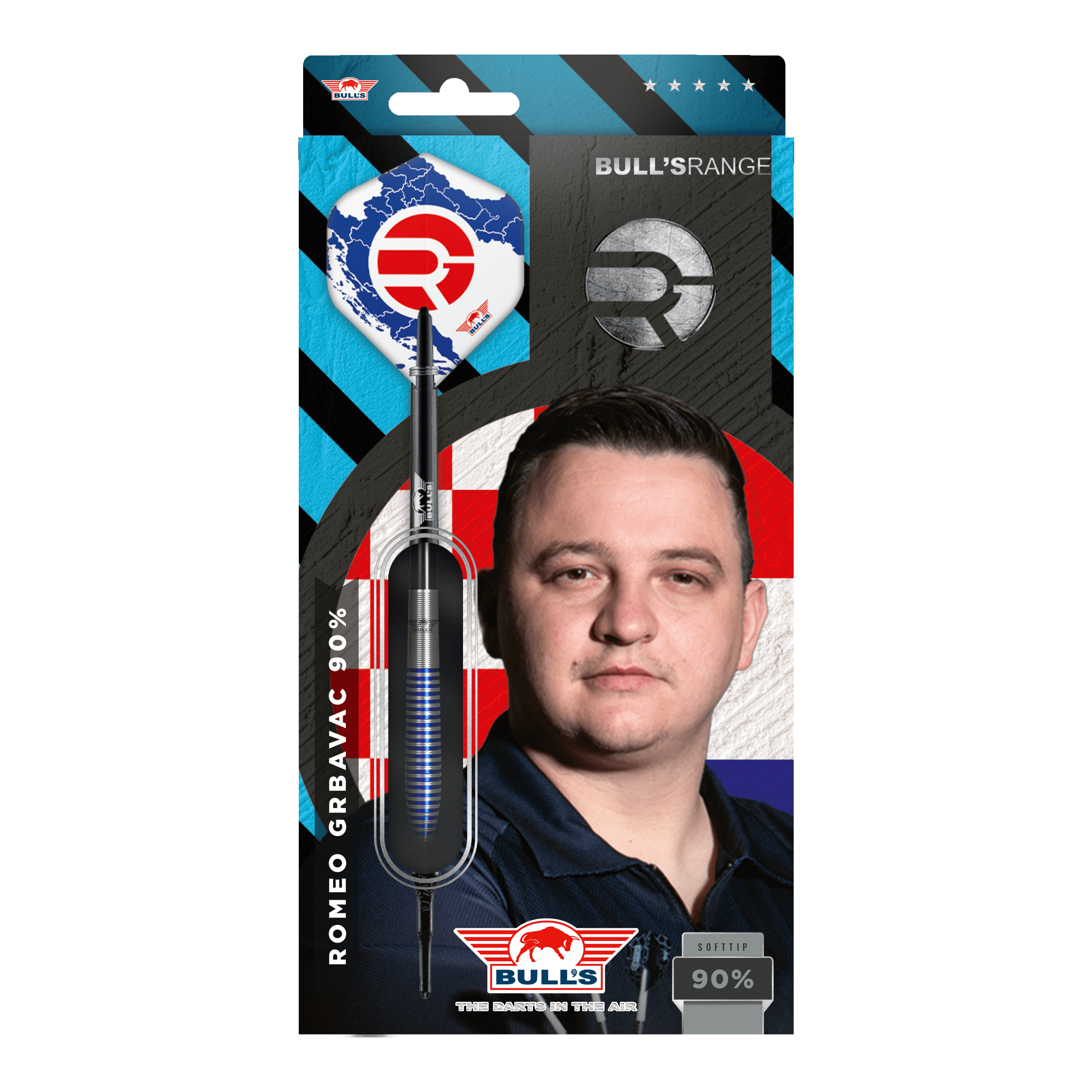 Měkké šipky Bulls NL Romeo Grbavac - 19g Die Verpackung zeigt die Softdarts "Bulls NL Romeo Grbavac" mit einem Gewicht von 19g. Auf der Vorderseite ist auch das Bild eines Mannes und das Logo von Bulls abgebildet.